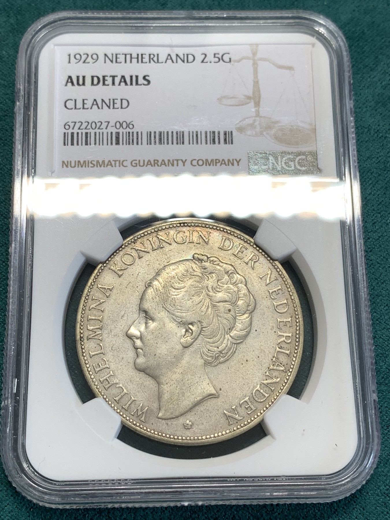 《竞宝斋》第188场-周日，周一 2场 (全场包邮) NGC AUD 荷兰1929年威廉明娜2.5盾大银币