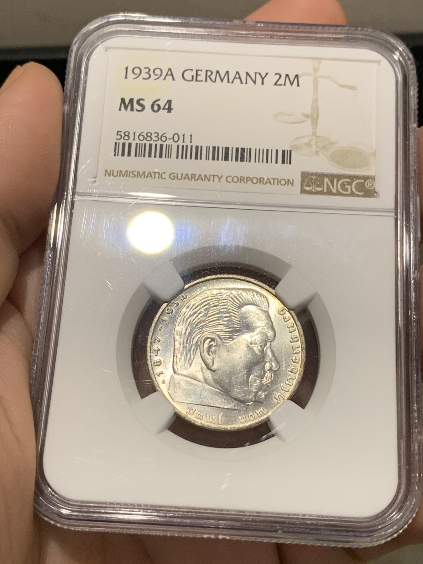 《竞宝斋》第188场-周日，周一 2场 (全场包邮) NGC MS64 德国1939年兴登堡2马克银币 状态实在好