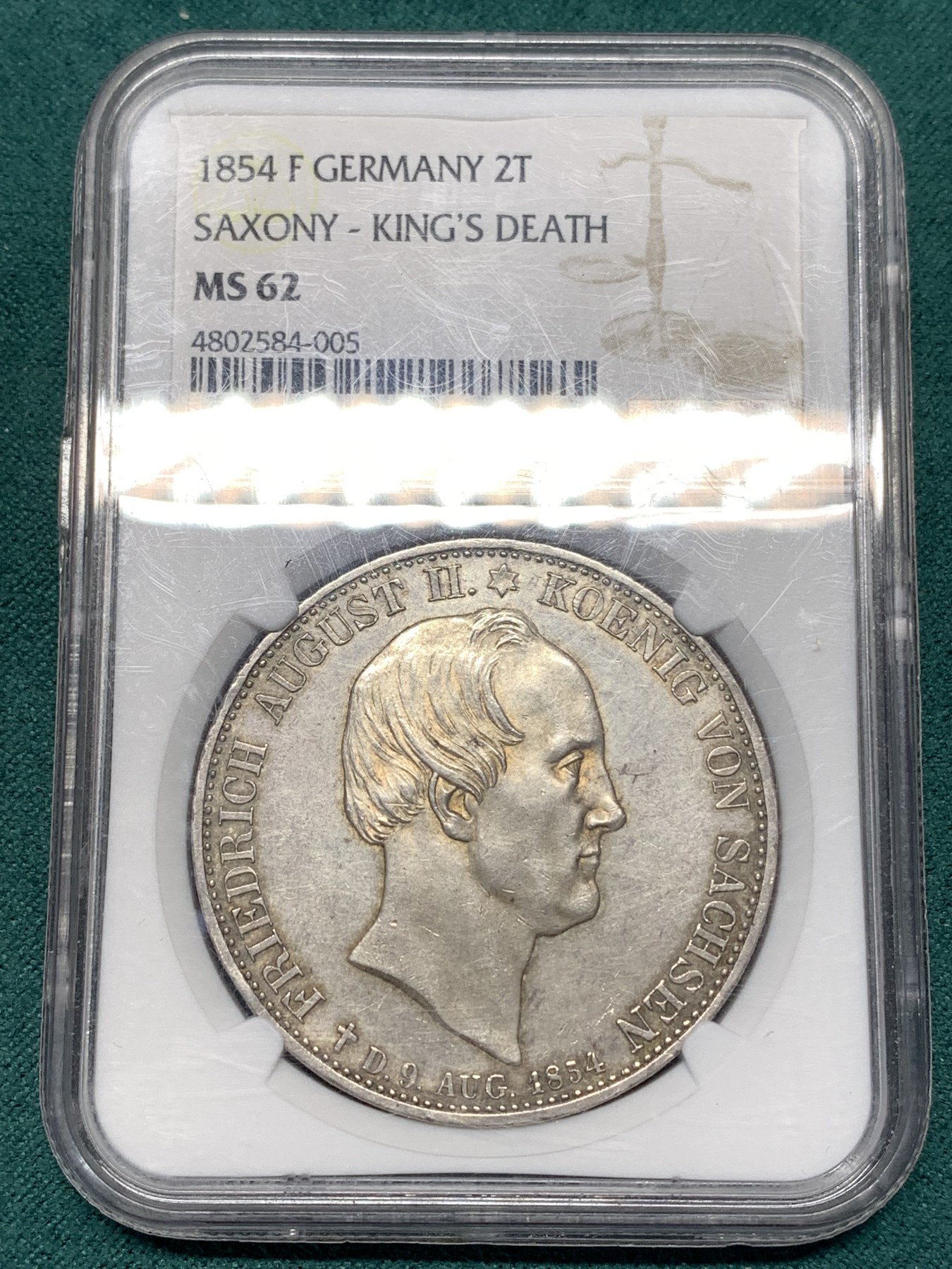 《竞宝斋》第188场-周日，周一 2场 (全场包邮) NGC-MS62  德国萨克森1854年双神两泰勒，稀少珍贵的两泰勒品种。