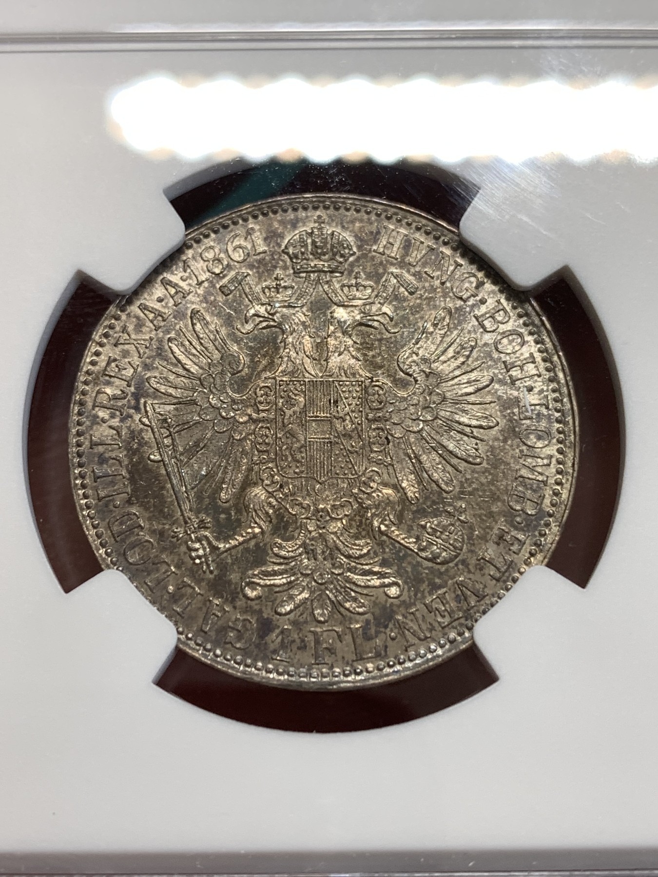 《竞宝斋》第188场-周日，周一 2场 (全场包邮) NGC MS61 奥地利 1861年 1福林 银币 年轻头像