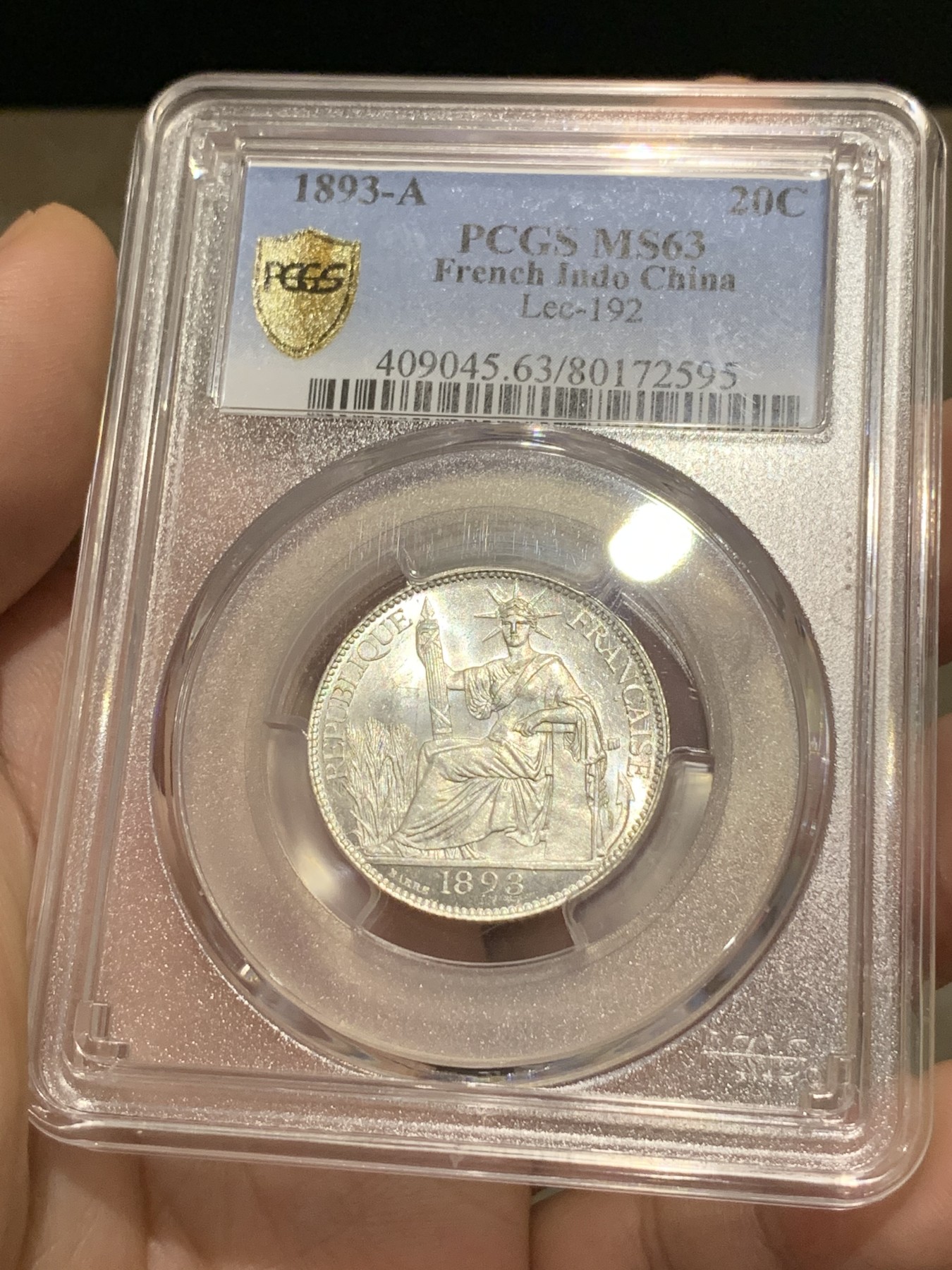 《竞宝斋》第188场-周日，周一 2场 (全场包邮) PCGS MS63 法属印支1893年20分银币 难得 早期 高分 辅币
