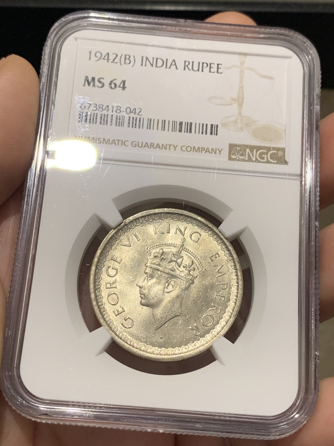 《竞宝斋》第188场-周日，周一 2场 (全场包邮) NGC MS64 英属印度 1942年B版 乔治六世 1卢比银币 出64不易 收藏级分数 值得考虑