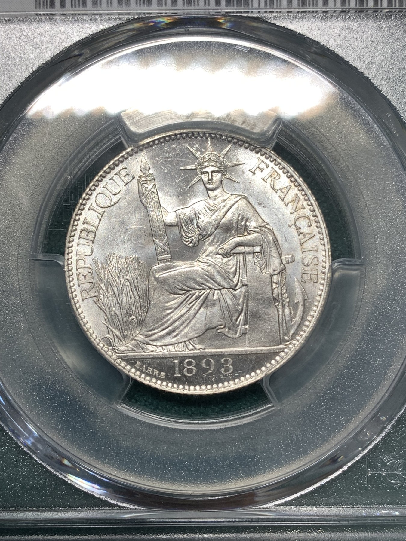 《竞宝斋》第188场-周日，周一 2场 (全场包邮) PCGS MS63 法属印支1893年20分银币 难得 早期 高分 辅币