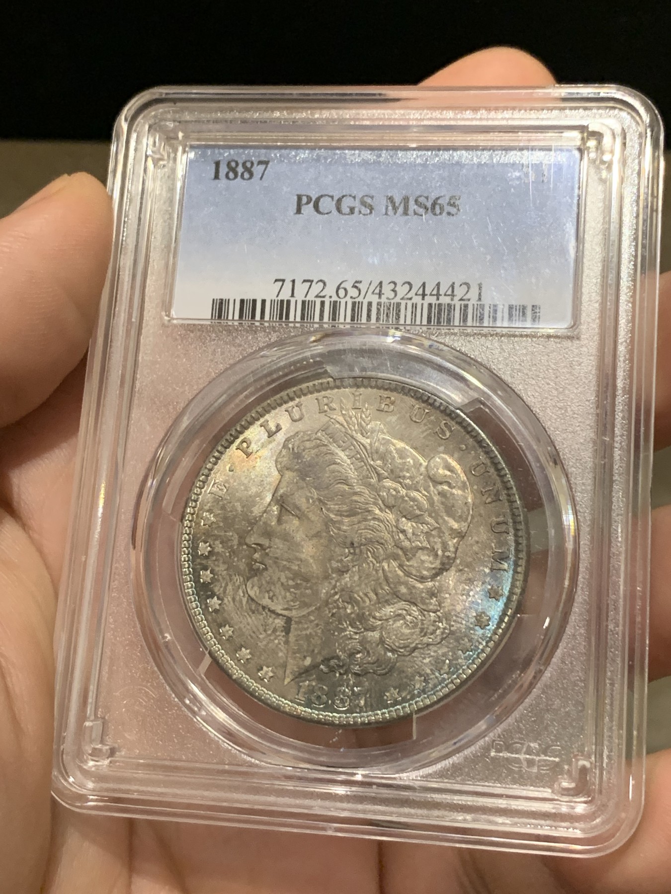 《竞宝斋》第188场-周日，周一 2场 (全场包邮) PCGS-MS65 美国 1887 摩根银元 双面炫彩 非常漂亮 难得一见