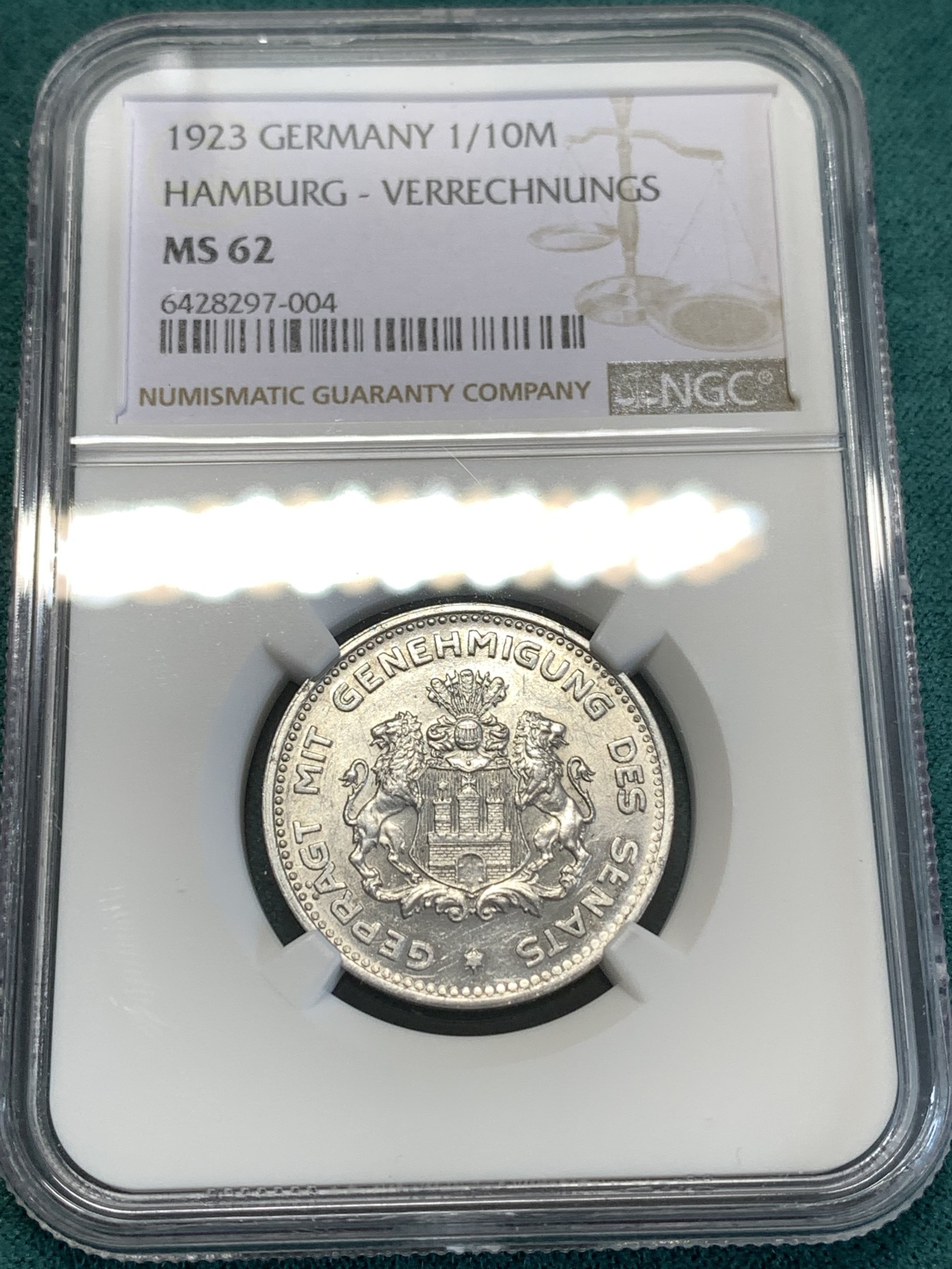 《竞宝斋》第188场-周日，周一 2场 (全场包邮) NGC-MS62 德国1923年汉堡1/10马克 铝币原光难得 更高分仅5枚