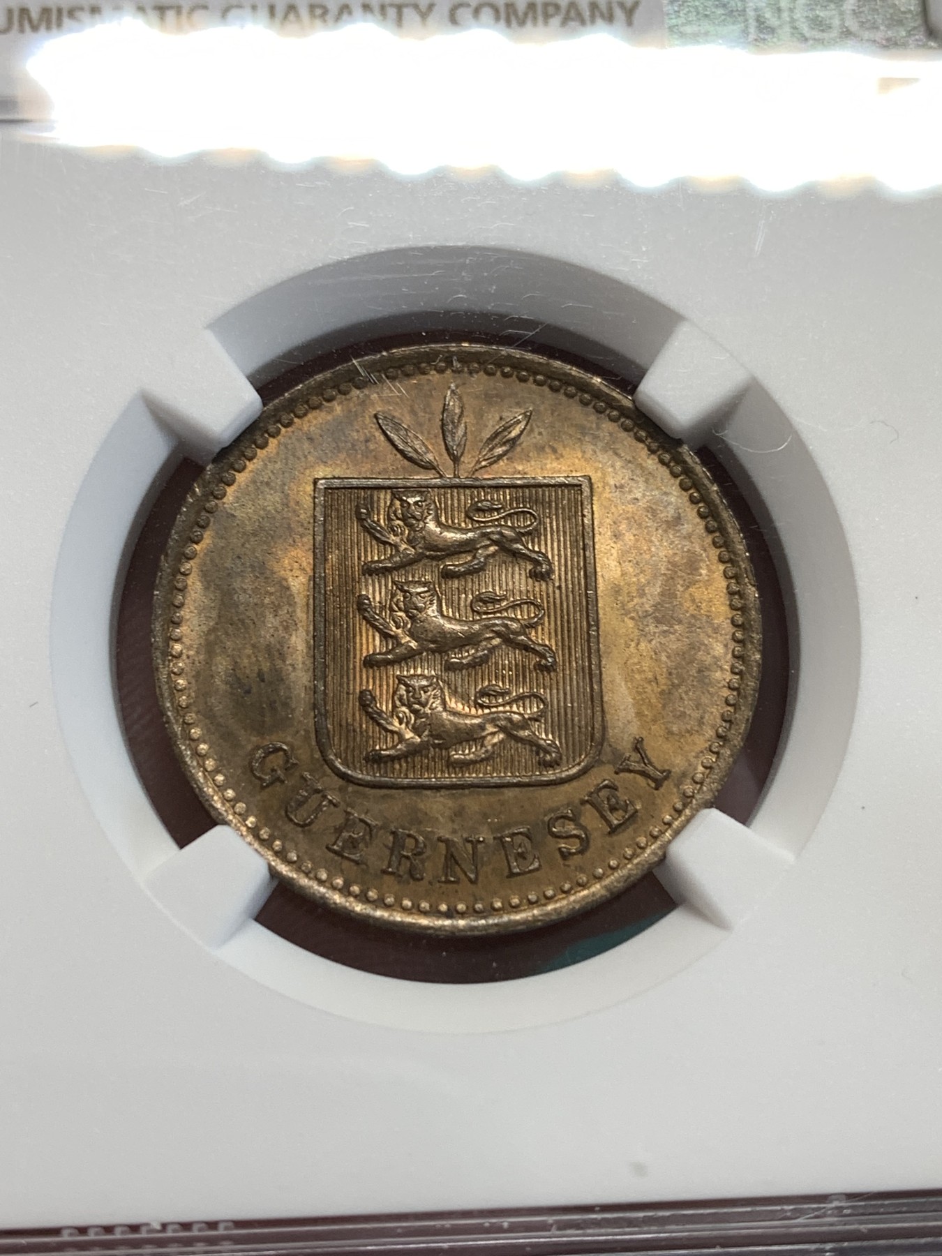 《竞宝斋》第188场-周日，周一 2场 (全场包邮) NGC-MS62BN 1885年根西4D铜币，品相精美，维多利亚时期的好品少见。