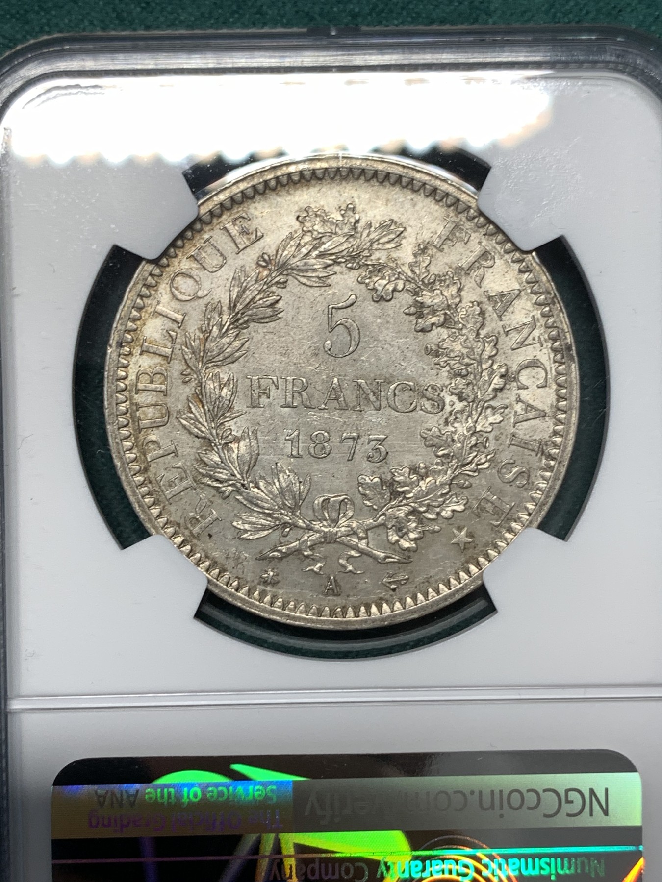 《竞宝斋》第188场-周日，周一 2场 (全场包邮) NGC MS62 法国1873年 大力神5法郎银币 深彩包浆 难得状态