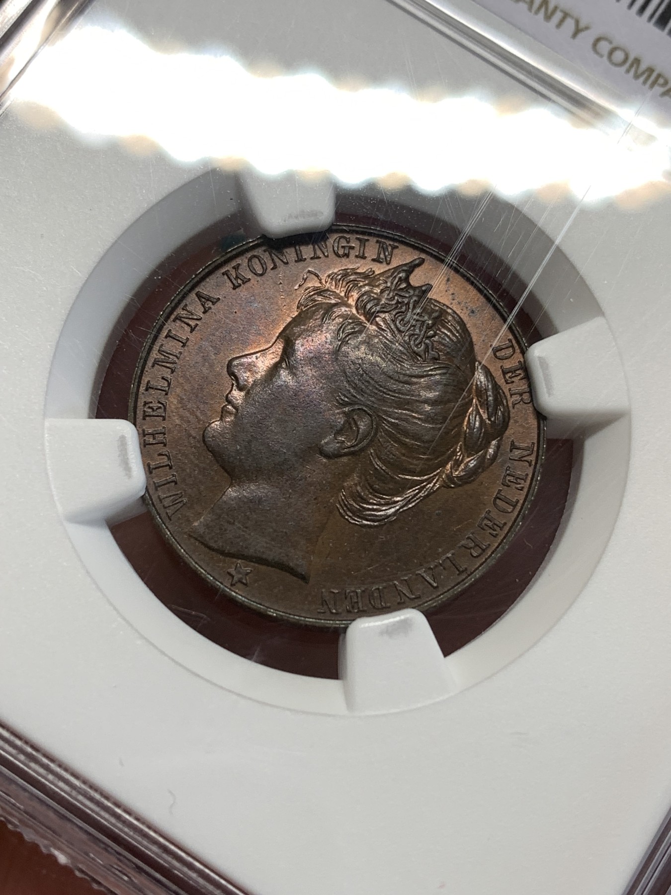 《竞宝斋》第188场-周日，周一 2场 (全场包邮) NGC-MS63BN 荷兰 1898年 威廉明娜女王加冕纪念铜章，稀少品种，经典皇冠少女头像。酒红色铜光犹存。