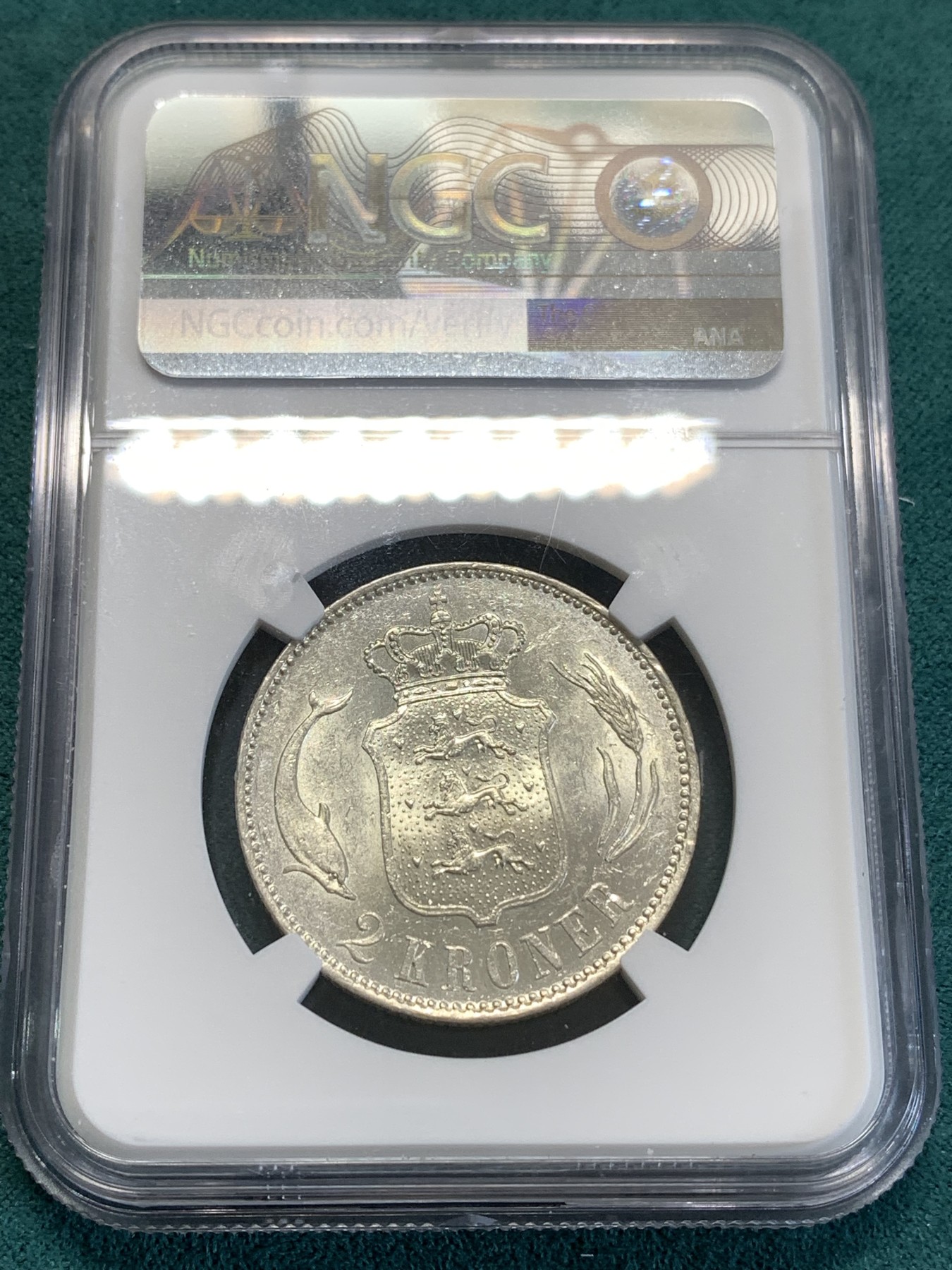《竞宝斋》第188场-周日，周一 2场 (全场包邮) NGC-MS61 1916年丹麦海豚2克朗银币，少见品质