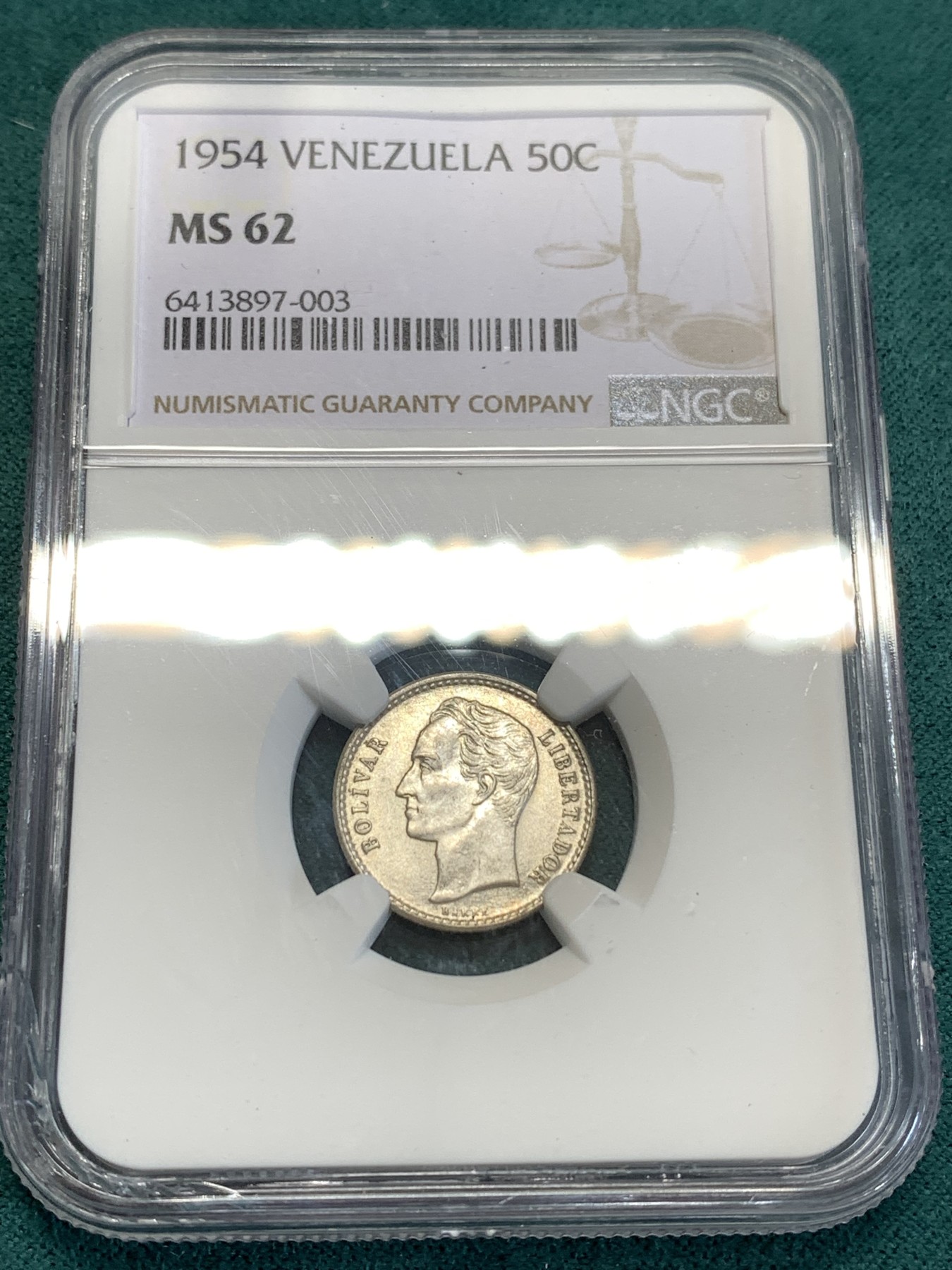 《竞宝斋》第188场-周日，周一 2场 (全场包邮) NGC MS62 委内瑞拉 1954年 50分银币 盒子左下角小磕
