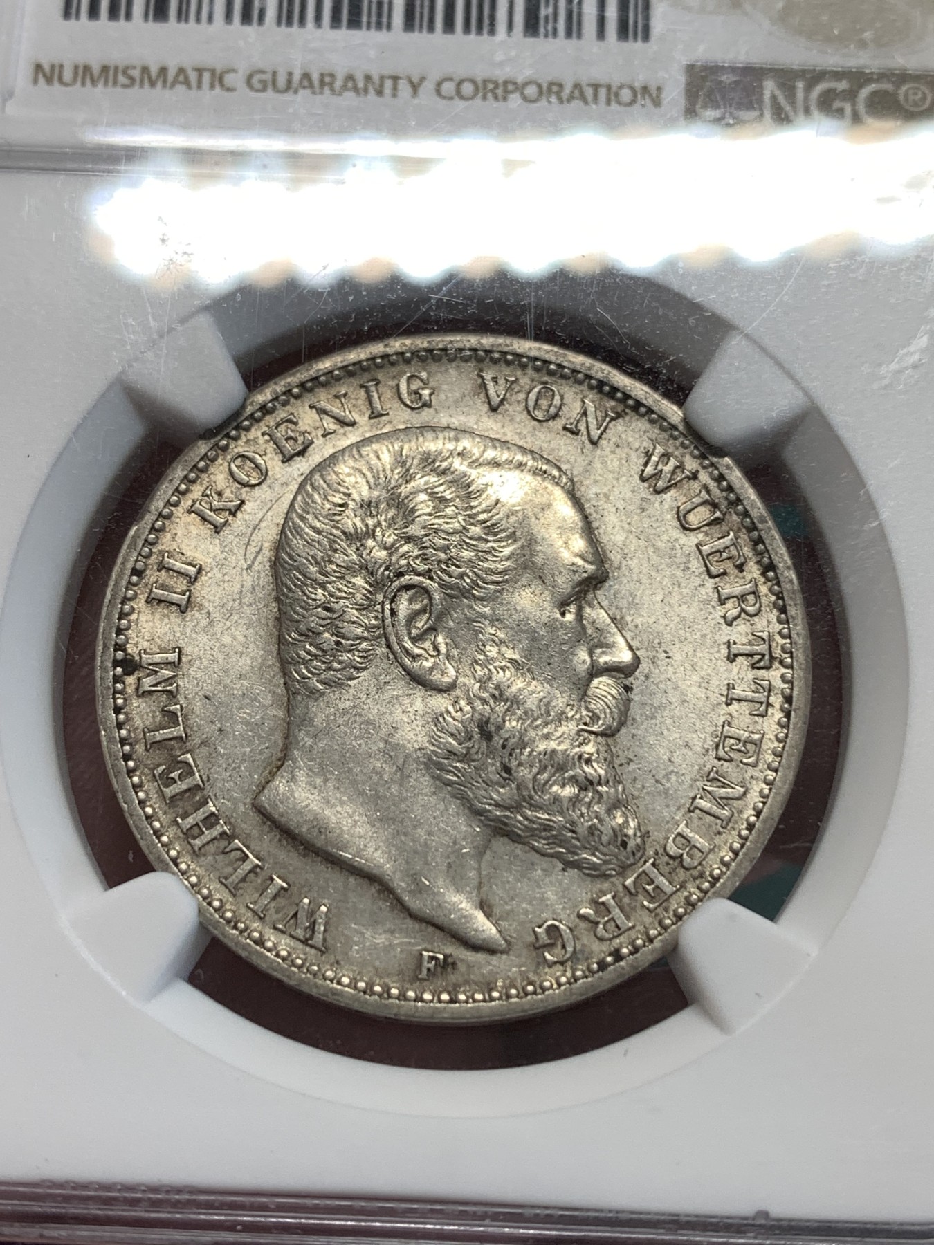 《竞宝斋》第188场-周日，周一 2场 (全场包邮) NGC-AU58 德国符腾堡 1912年威廉二世大胡子 3马克大银币