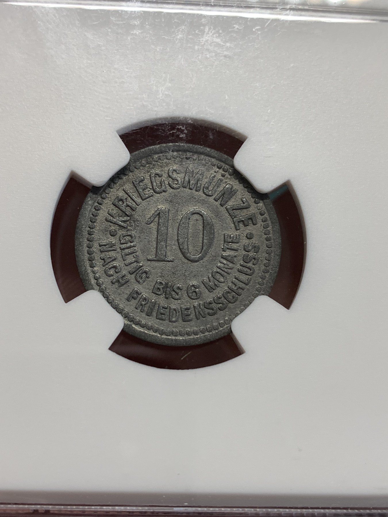 《竞宝斋》第188场-周日，周一 2场 (全场包邮) NGC-MS62 德国1917年德紧代根多夫10芬尼锌币 两面深打原始包浆 锌币百年不易 仅见入盒