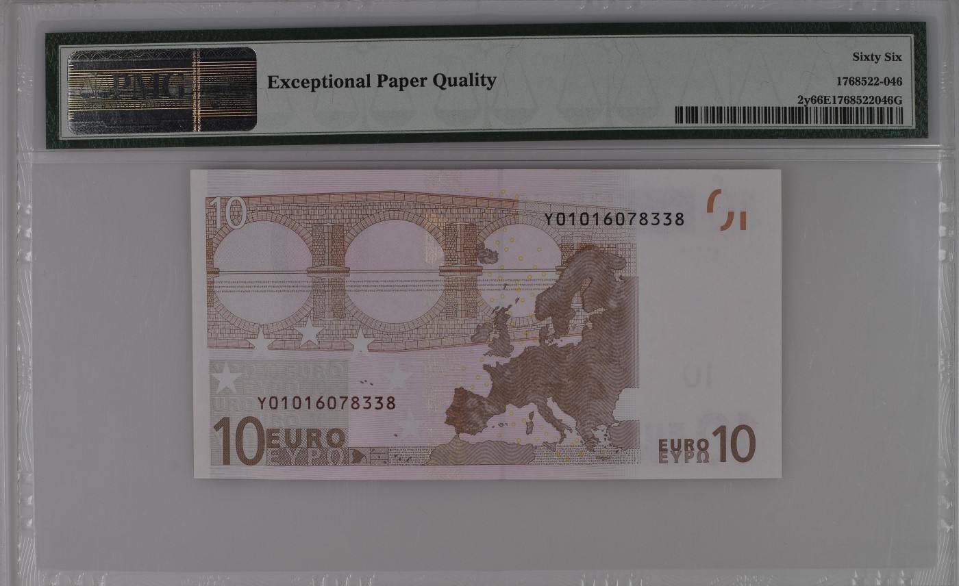 收藏联盟Quantum Auction 第280期拍卖  欧盟国家希腊2002年10欧元 PMG66 稀少第一签 号码全程无4