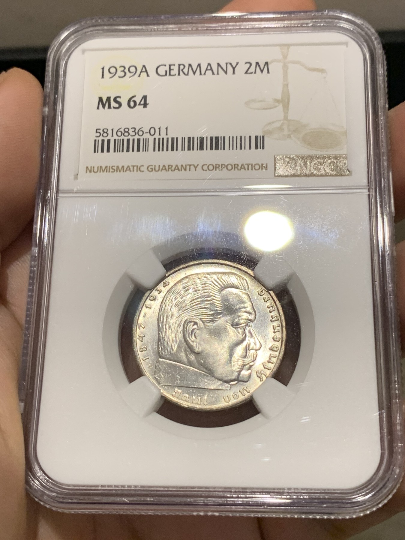 《竞宝斋》第188场-周日，周一 2场 (全场包邮) NGC MS64 德国1939年兴登堡2马克银币 状态实在好