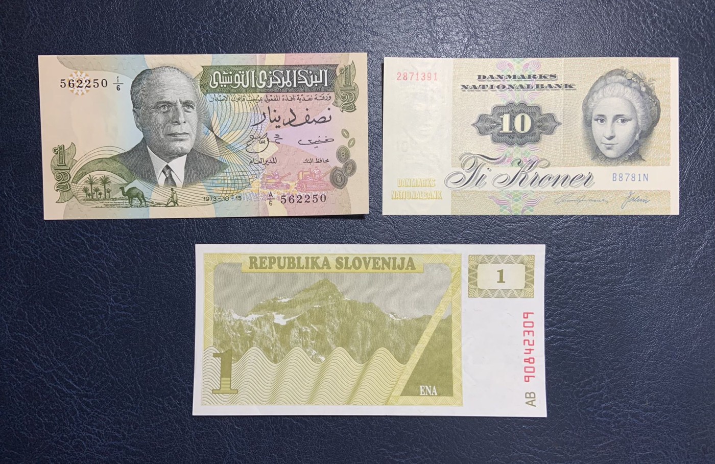收藏联盟Quantum Auction 第280期拍卖  丹麦1978年10克朗，尼日利亚2022年5到50奈那，突尼斯1972年0.5第纳尔，斯洛文尼亚1托拉尔 品相全新UNC
