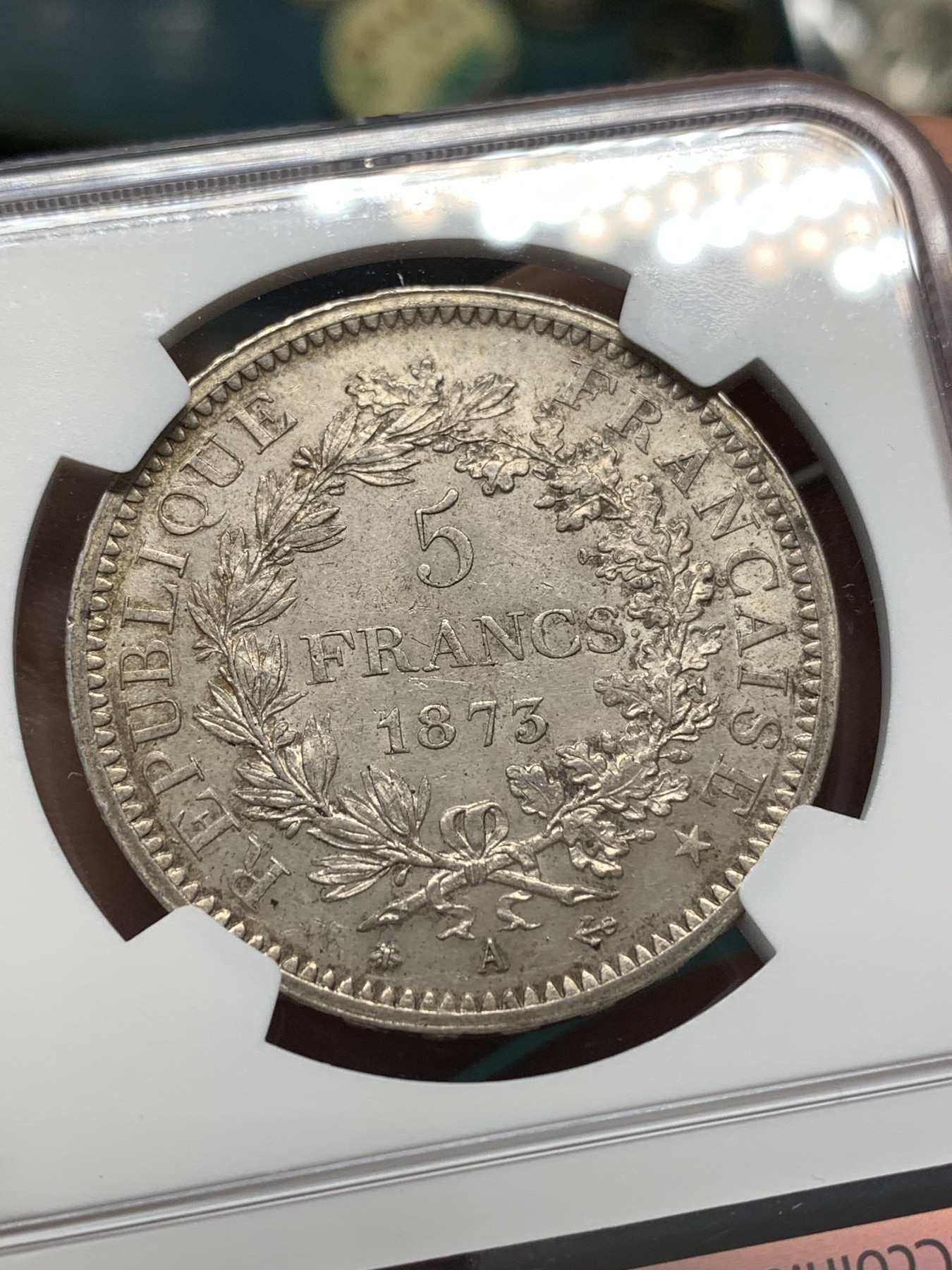 《竞宝斋》第188场-周日，周一 2场 (全场包邮) NGC MS62 法国1873年 大力神5法郎银币 深彩包浆 难得状态