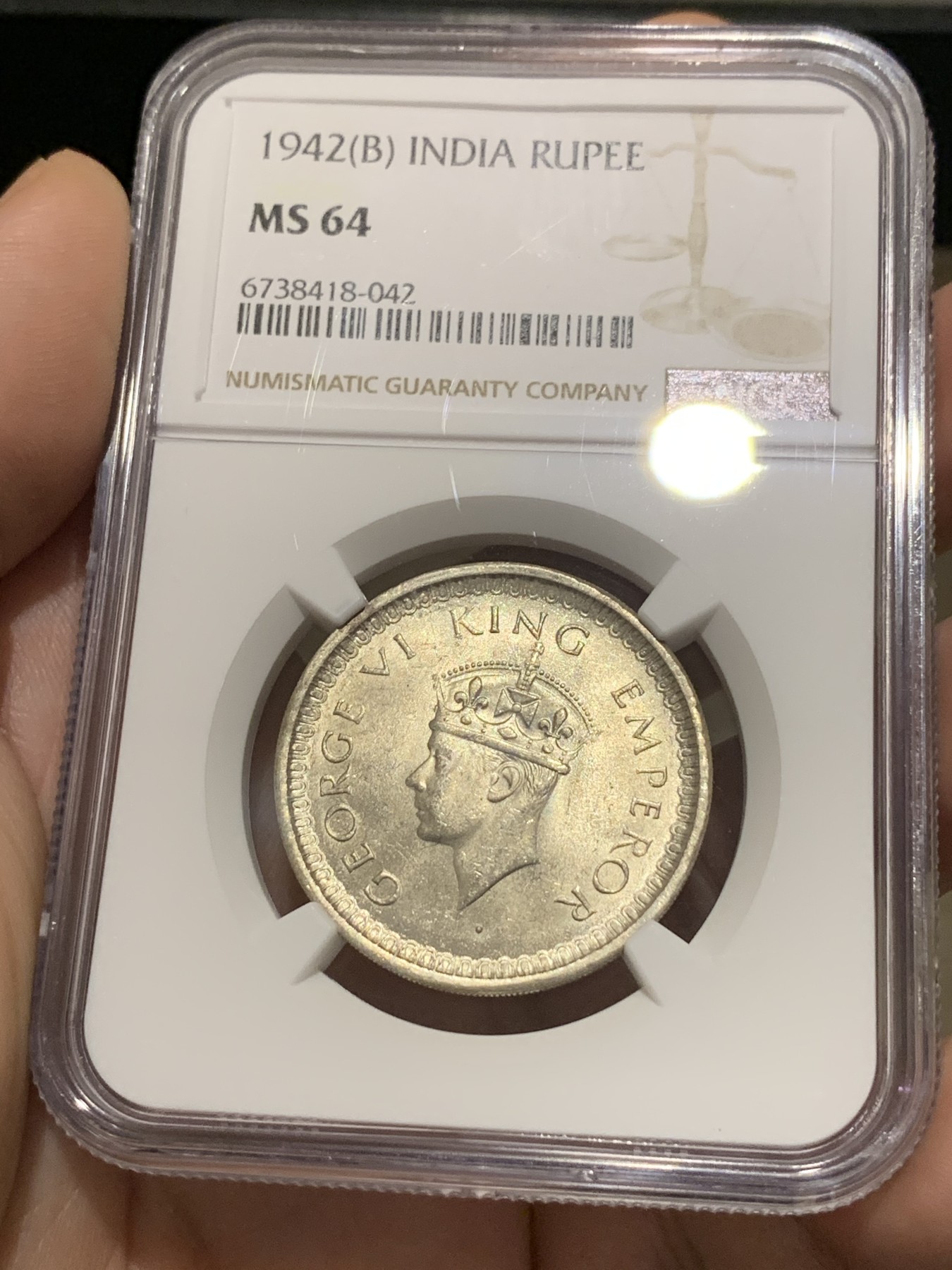 《竞宝斋》第188场-周日，周一 2场 (全场包邮) NGC MS64 英属印度 1942年B版 乔治六世 1卢比银币 出64不易 收藏级分数 值得考虑