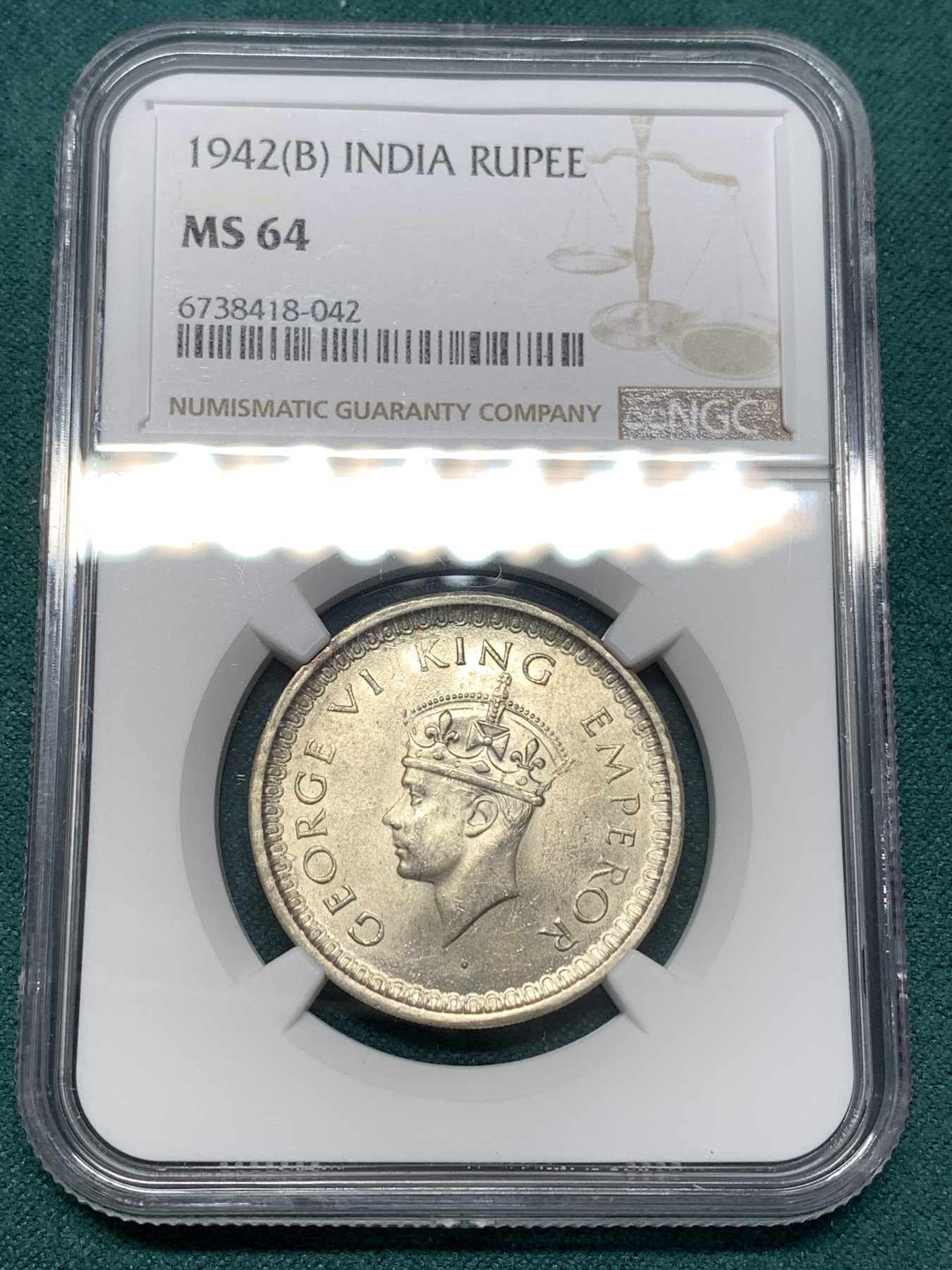 《竞宝斋》第188场-周日，周一 2场 (全场包邮) NGC MS64 英属印度 1942年B版 乔治六世 1卢比银币 出64不易 收藏级分数 值得考虑