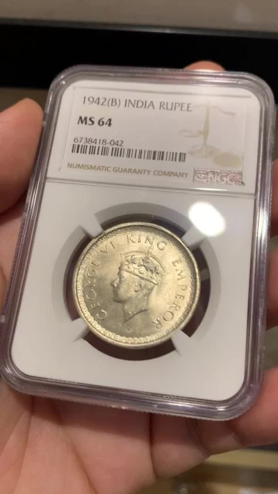 《竞宝斋》第188场-周日，周一 2场 (全场包邮) NGC MS64 英属印度 1942年B版 乔治六世 1卢比银币 出64不易 收藏级分数 值得考虑