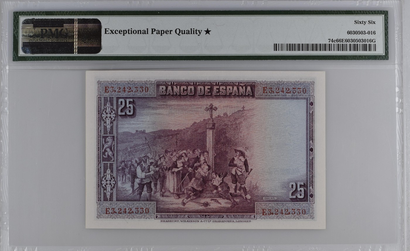 收藏联盟Quantum Auction 第280期拍卖  西班牙1928年25比塞塔 PMG66 加星 戏剧家 卡尔德隆