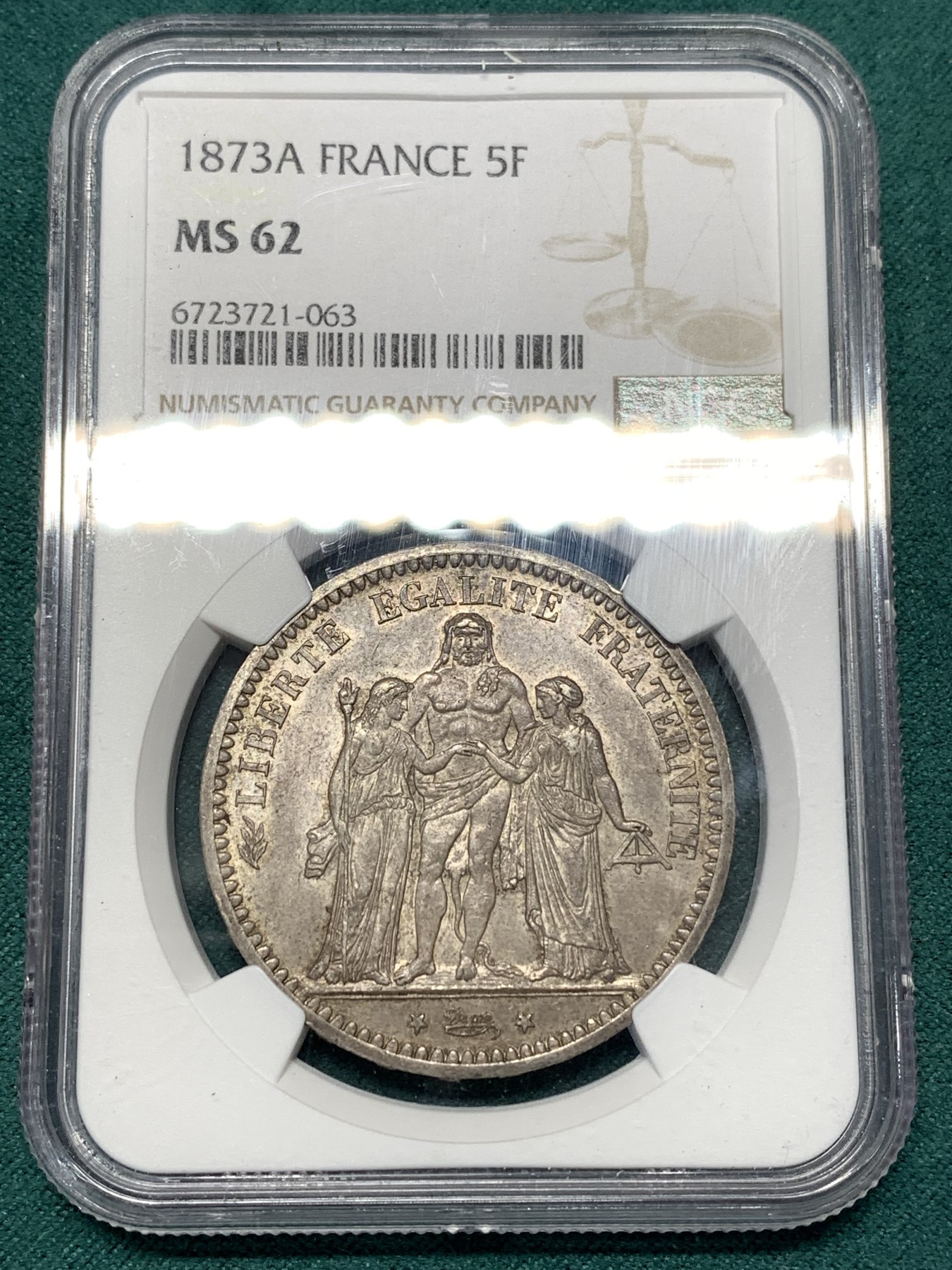 《竞宝斋》第188场-周日，周一 2场 (全场包邮) NGC MS62 法国1873年 大力神5法郎银币 深彩包浆 难得状态