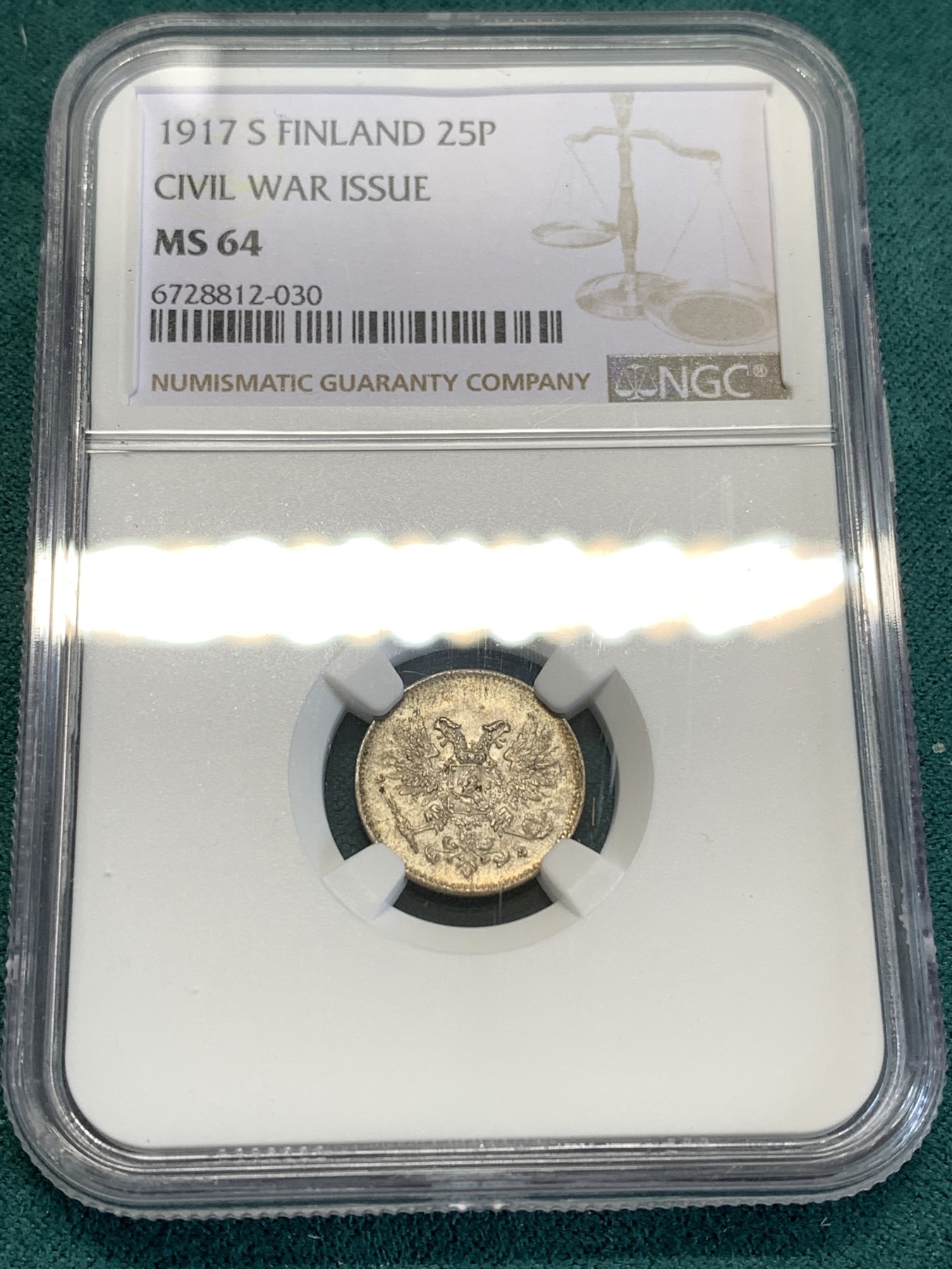 《竞宝斋》第188场-周日，周一 2场 (全场包邮) NGC MS64 俄占芬兰1917年 25芬尼银币