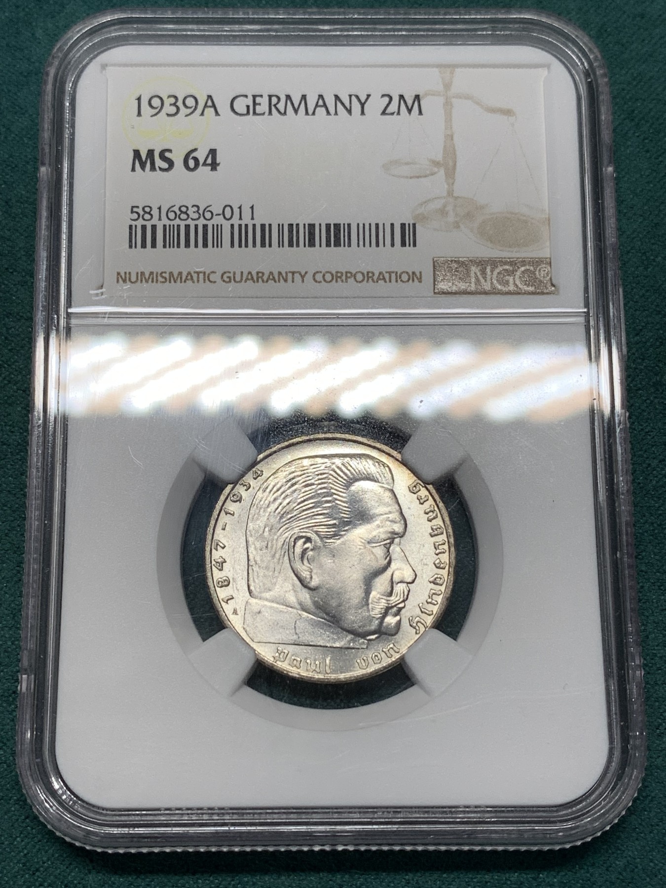 《竞宝斋》第188场-周日，周一 2场 (全场包邮) NGC MS64 德国1939年兴登堡2马克银币 状态实在好