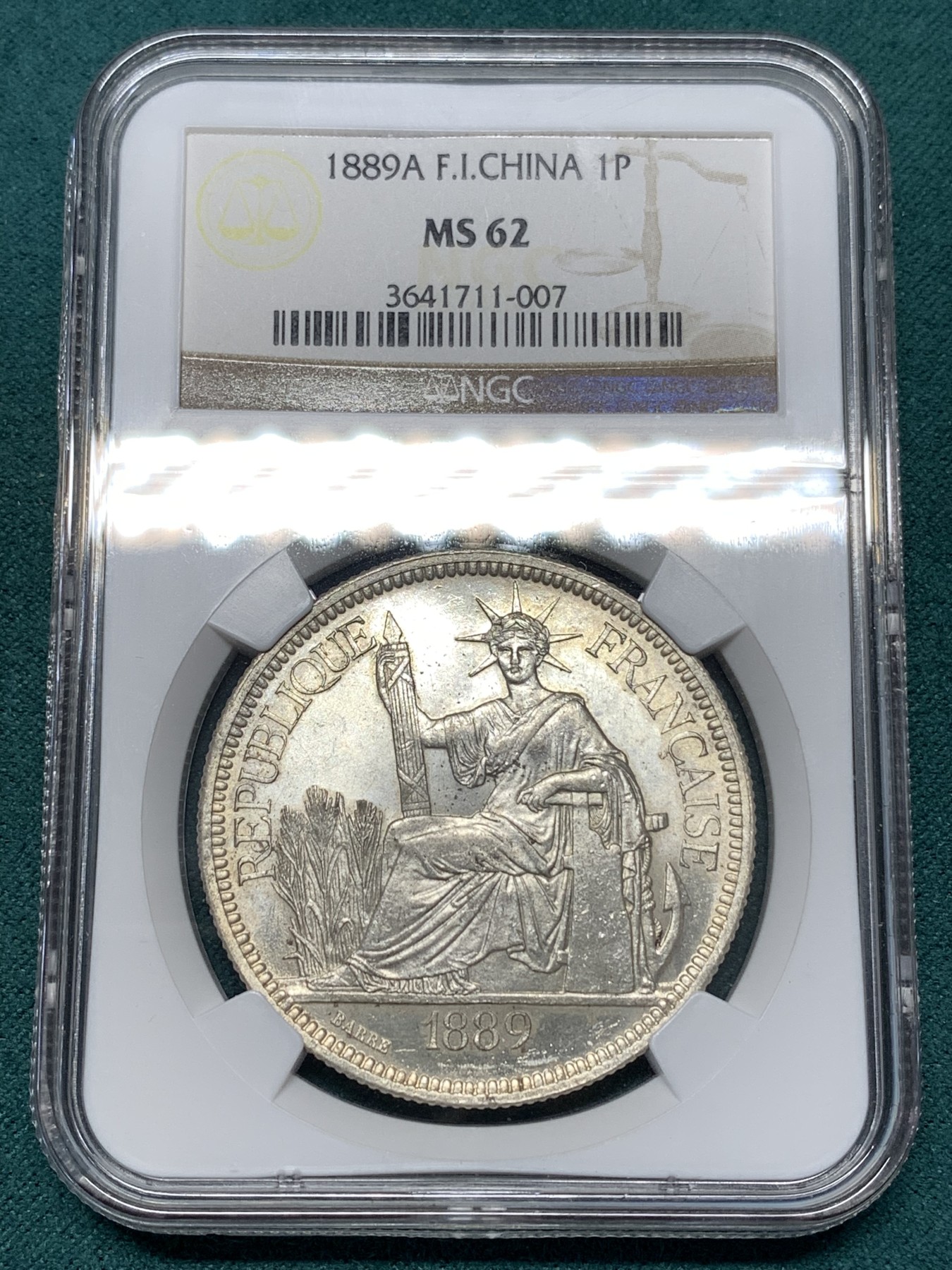《竞宝斋》第188场-周日，周一 2场 (全场包邮) 加重版 NGC MS62 法属印支1889年坐洋银币 早期品种 状态很好
