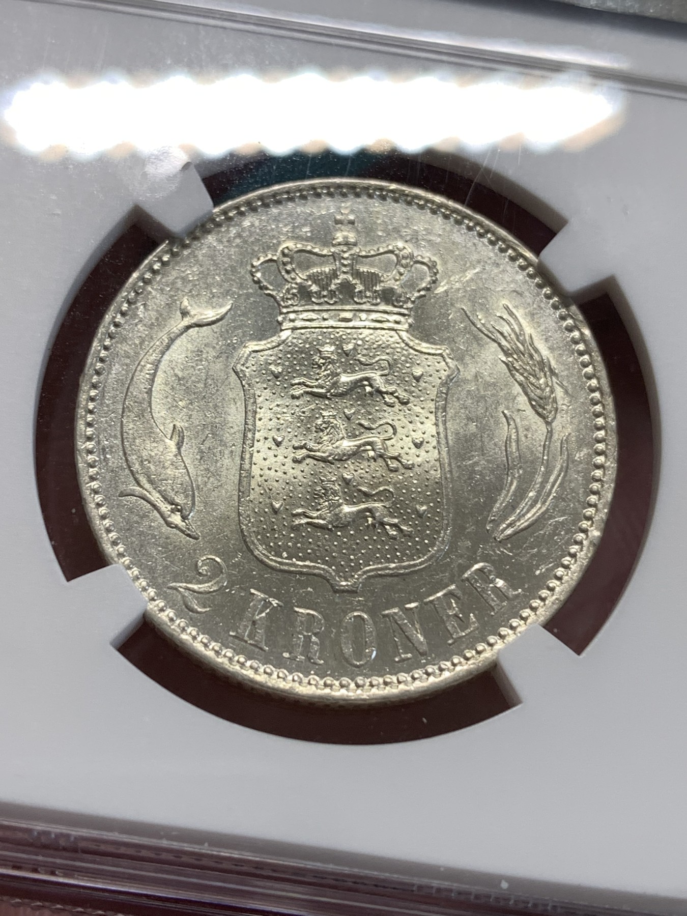 《竞宝斋》第188场-周日，周一 2场 (全场包邮) NGC-MS61 1916年丹麦海豚2克朗银币，少见品质