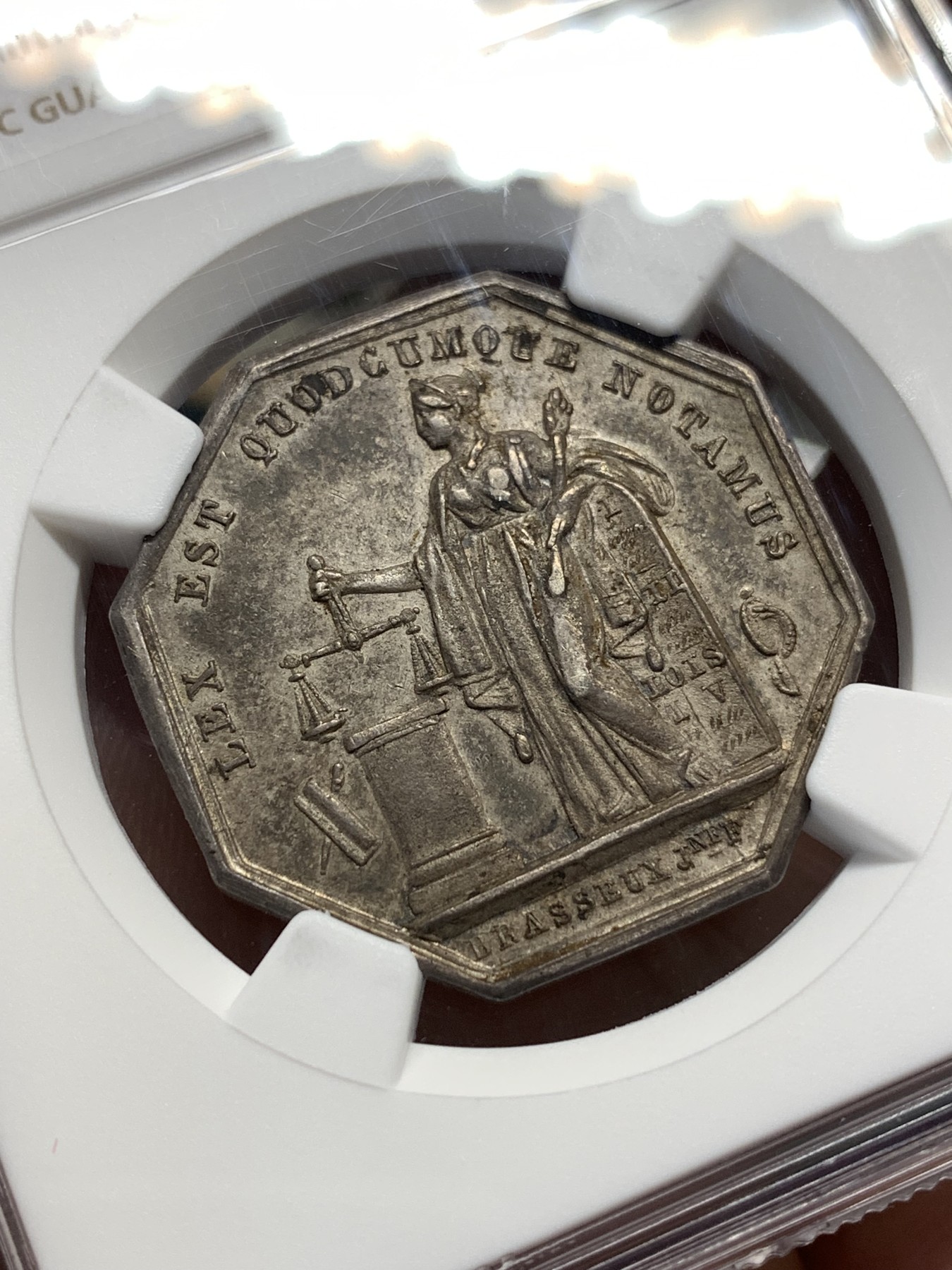 《竞宝斋》第188场-周日，周一 2场 (全场包邮) NGC-MS58 法国 1842-1845 公正女神 八角代币银章  浮雕优美 包浆自然 低评 船首银标
