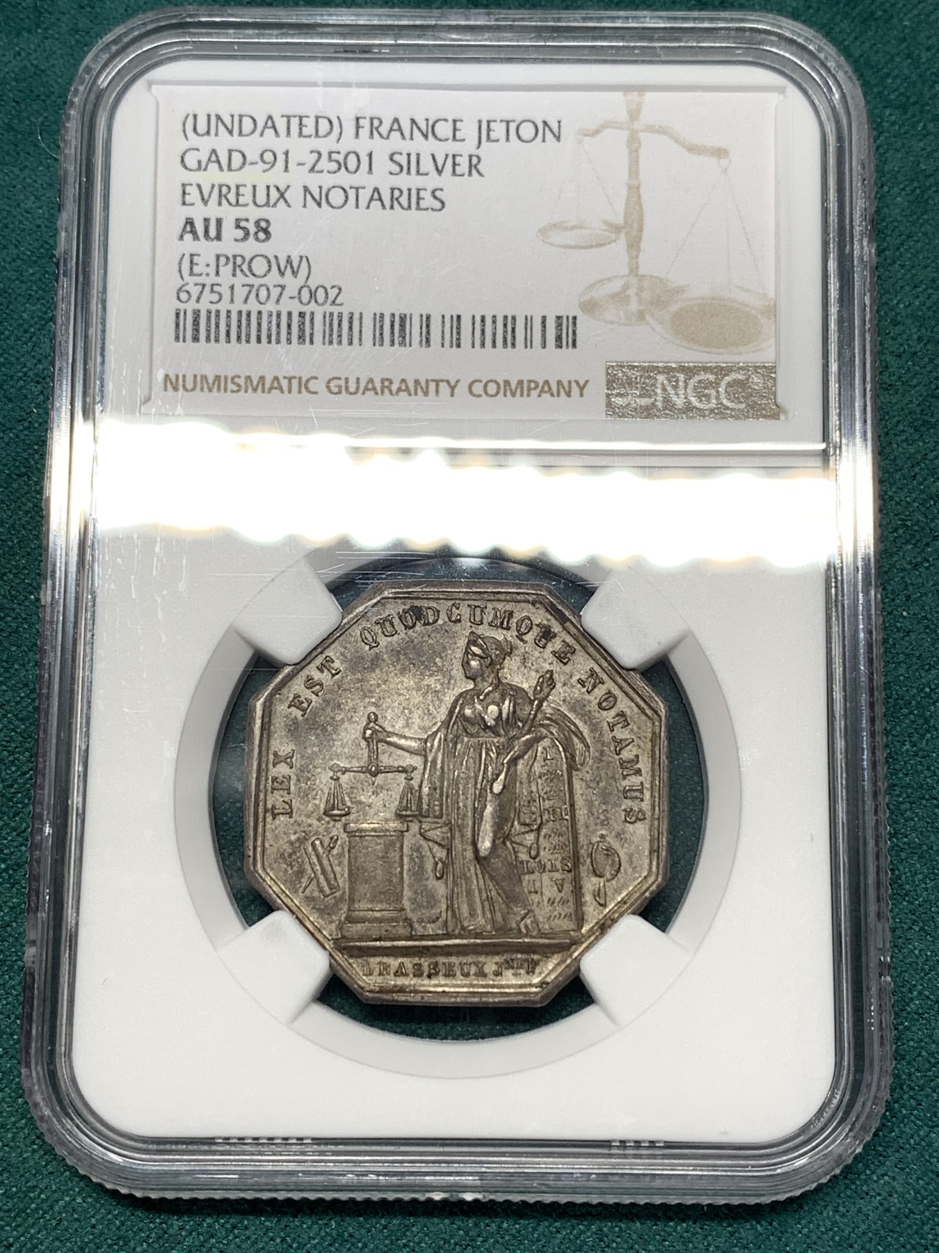 《竞宝斋》第188场-周日，周一 2场 (全场包邮) NGC-MS58 法国 1842-1845 公正女神 八角代币银章  浮雕优美 包浆自然 低评 船首银标