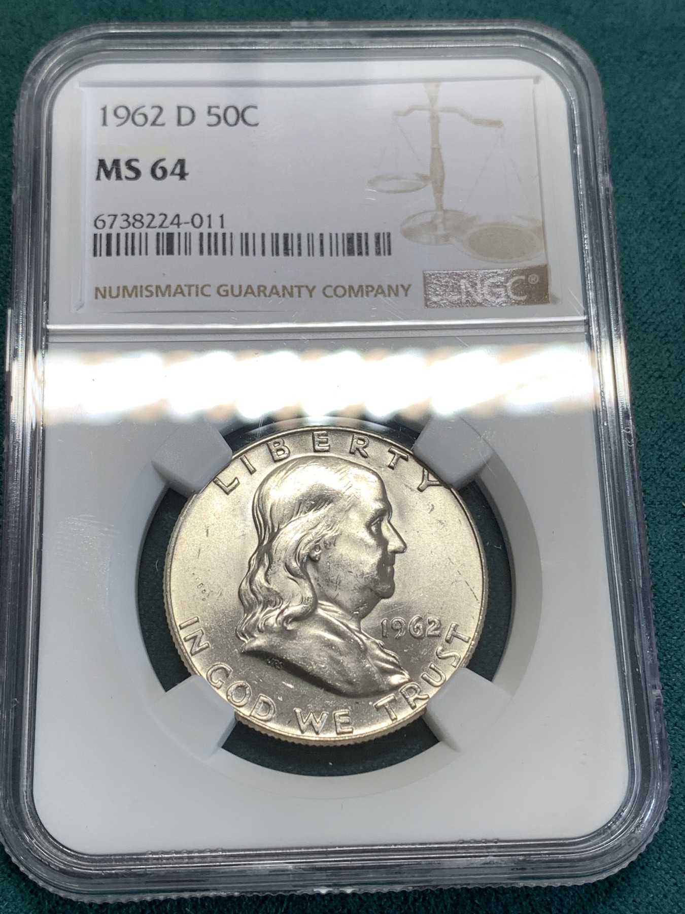 《竞宝斋》第188场-周日，周一 2场 (全场包邮) NGC MS64 美国1962年D版 富兰克林半美元（50美分）银币 满银光美品