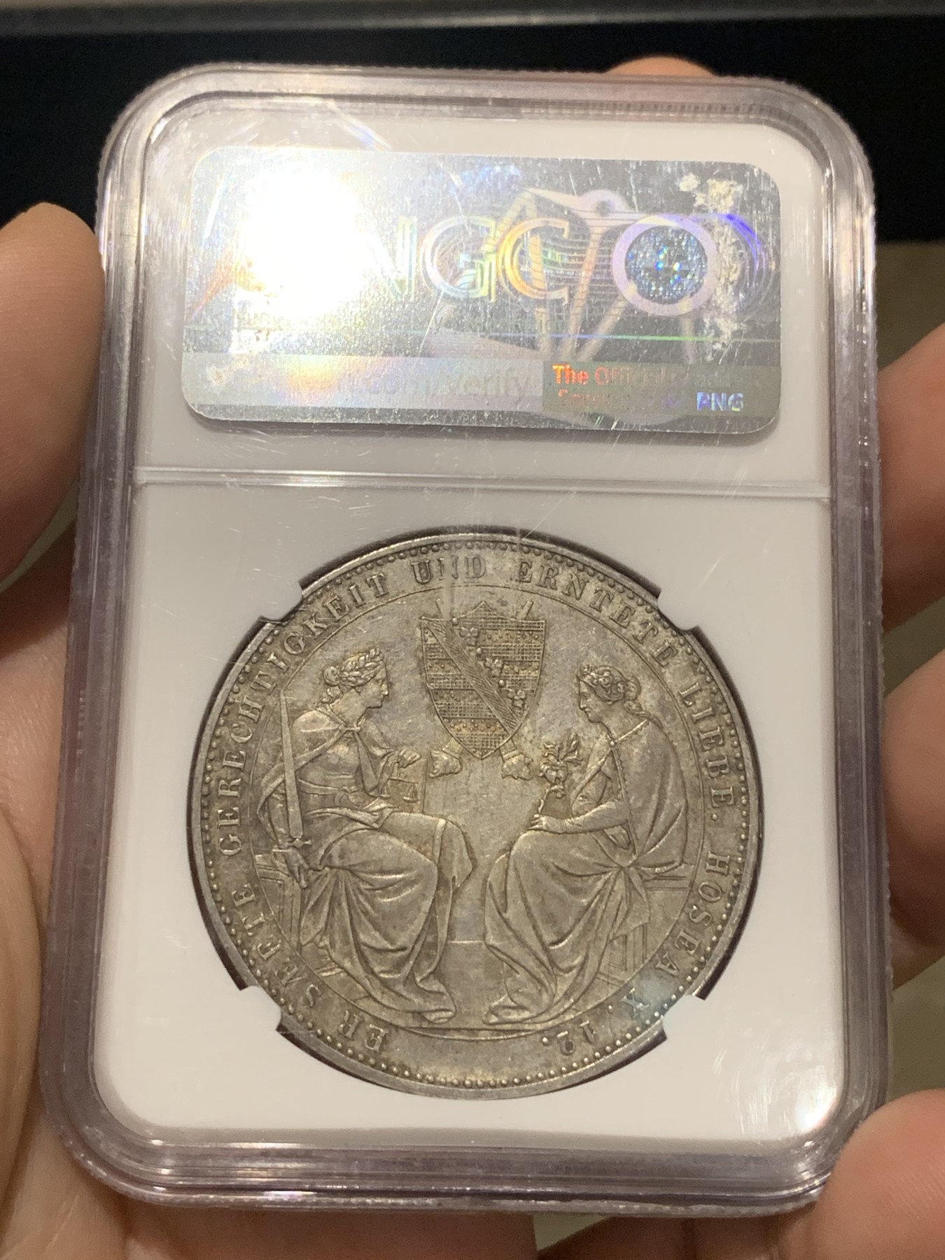 《竞宝斋》第188场-周日，周一 2场 (全场包邮) NGC-MS62  德国萨克森1854年双神两泰勒，稀少珍贵的两泰勒品种。