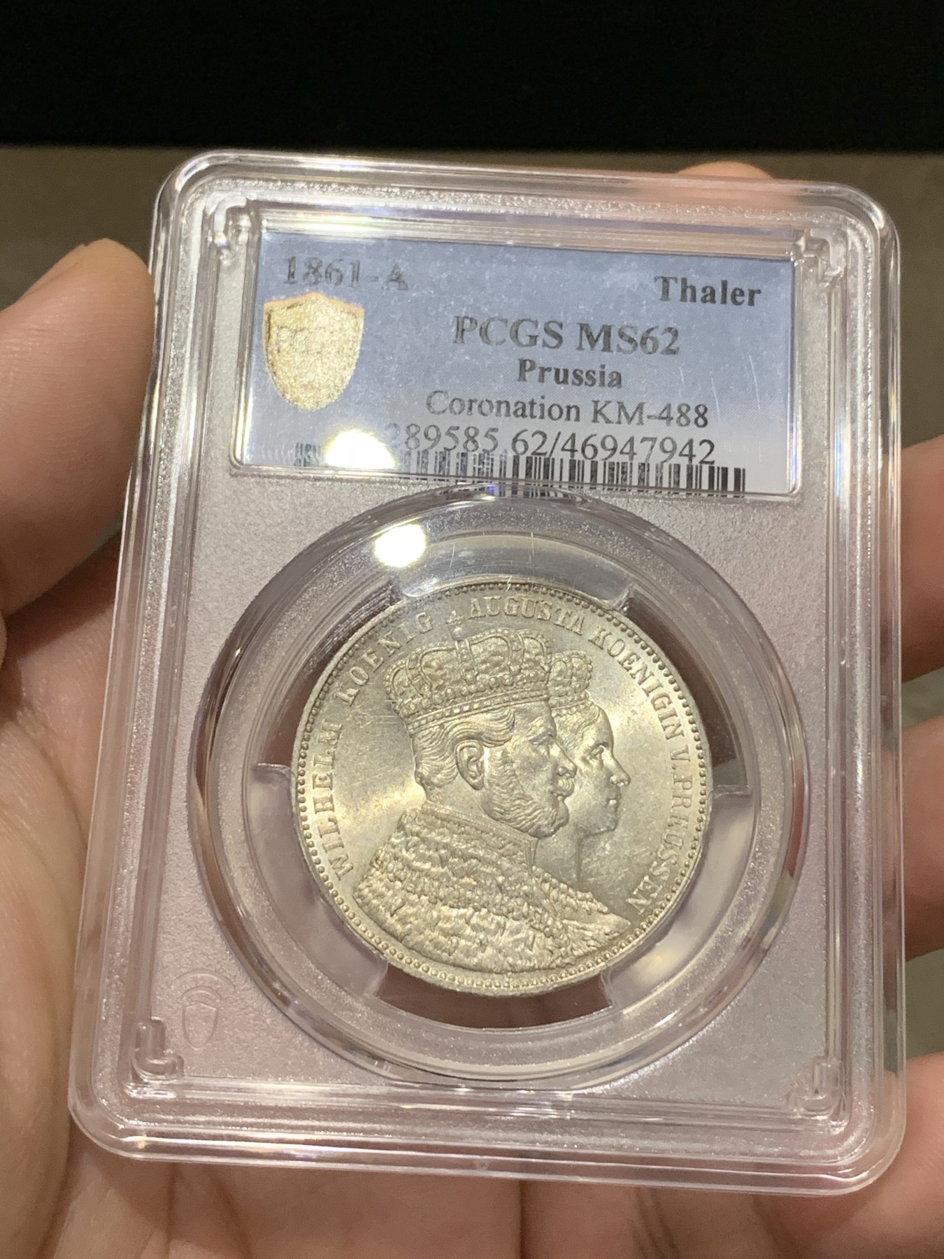 《竞宝斋》第188场-周日，周一 2场 (全场包邮) PCGS MS62 德国1861年普鲁士威廉一世加冕泰勒银币 毛衣泰勒 经典品种 原光状态好 低评