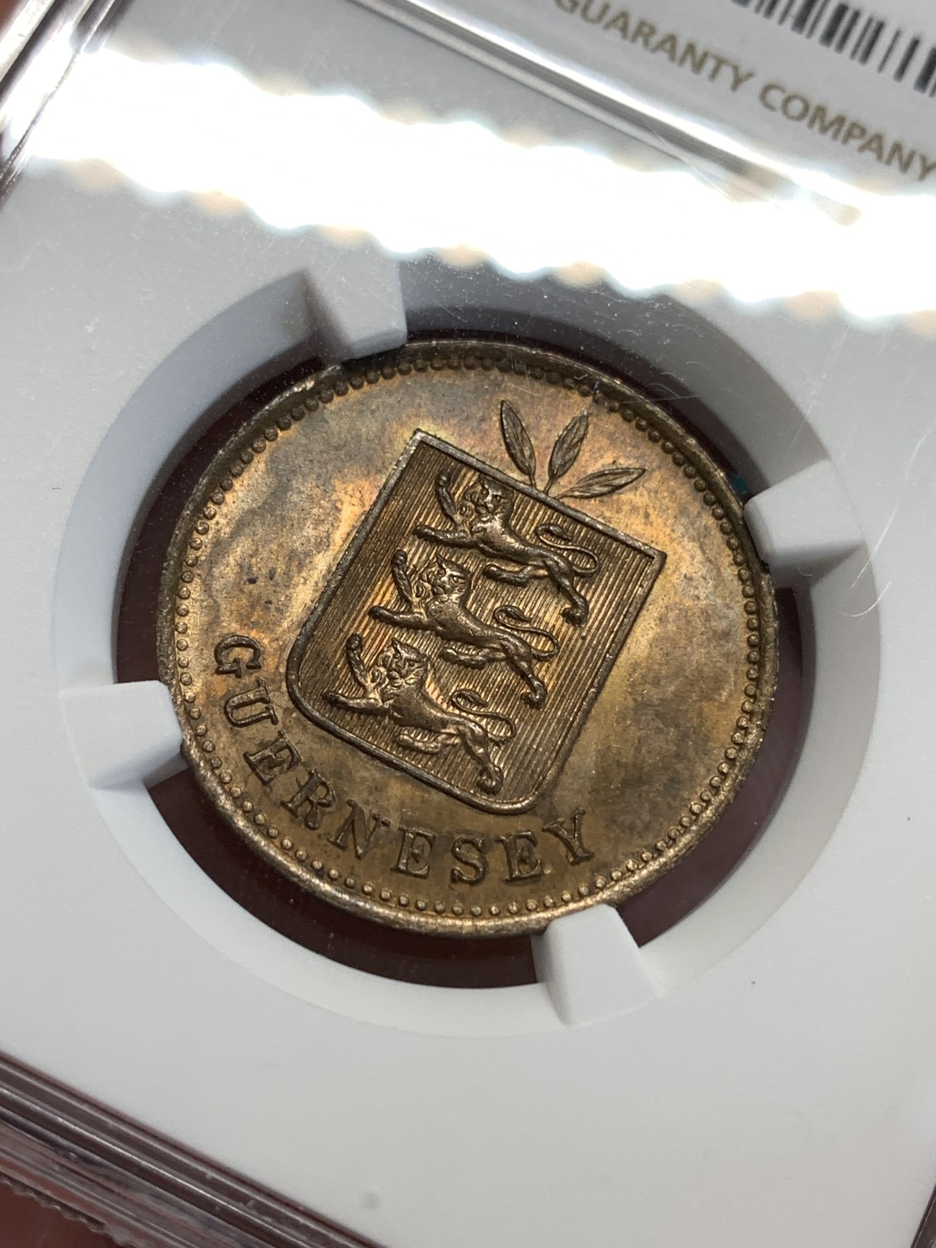 《竞宝斋》第188场-周日，周一 2场 (全场包邮) NGC-MS62BN 1885年根西4D铜币，品相精美，维多利亚时期的好品少见。