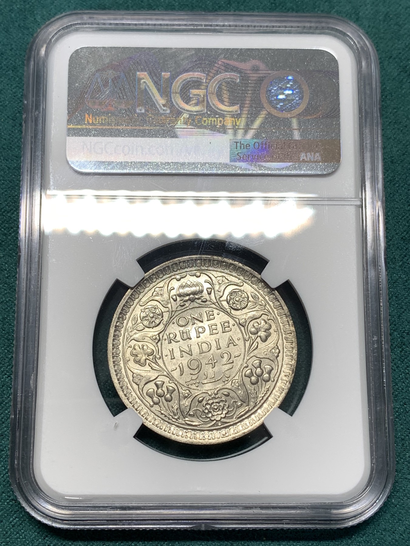 《竞宝斋》第188场-周日，周一 2场 (全场包邮) NGC MS64 英属印度 1942年B版 乔治六世 1卢比银币 出64不易 收藏级分数 值得考虑