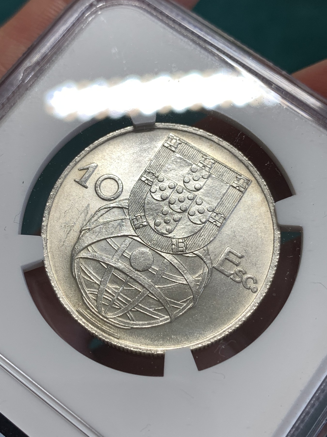 《竞宝斋》第188场-周日，周一 2场 (全场包邮) NGC MS63 葡萄牙 1955 10E 大帆船银币 淡彩包浆 漂亮的
