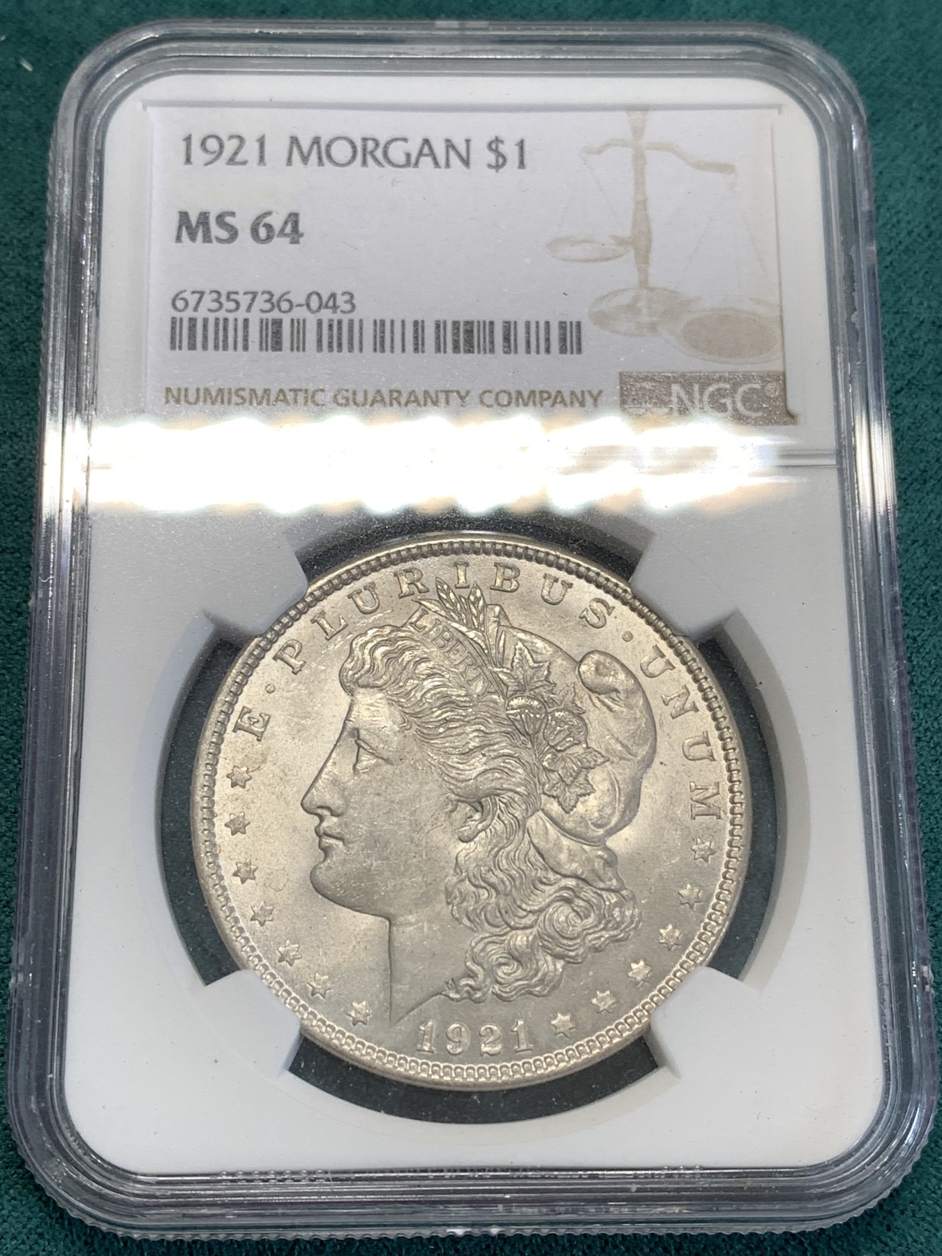 《竞宝斋》第188场-周日，周一 2场 (全场包邮) NGC-MS64 美国1921年摩根银币，底板洁净