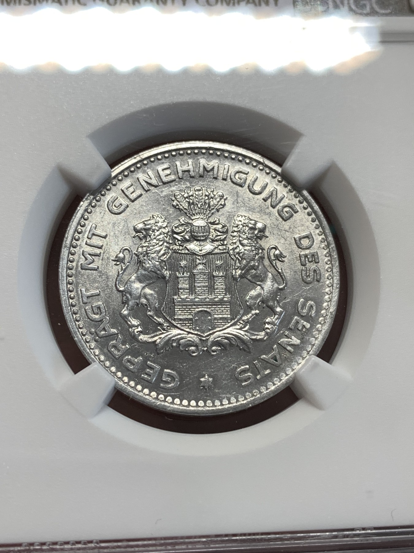 《竞宝斋》第188场-周日，周一 2场 (全场包邮) NGC-MS62 德国1923年汉堡1/10马克 铝币原光难得 更高分仅5枚