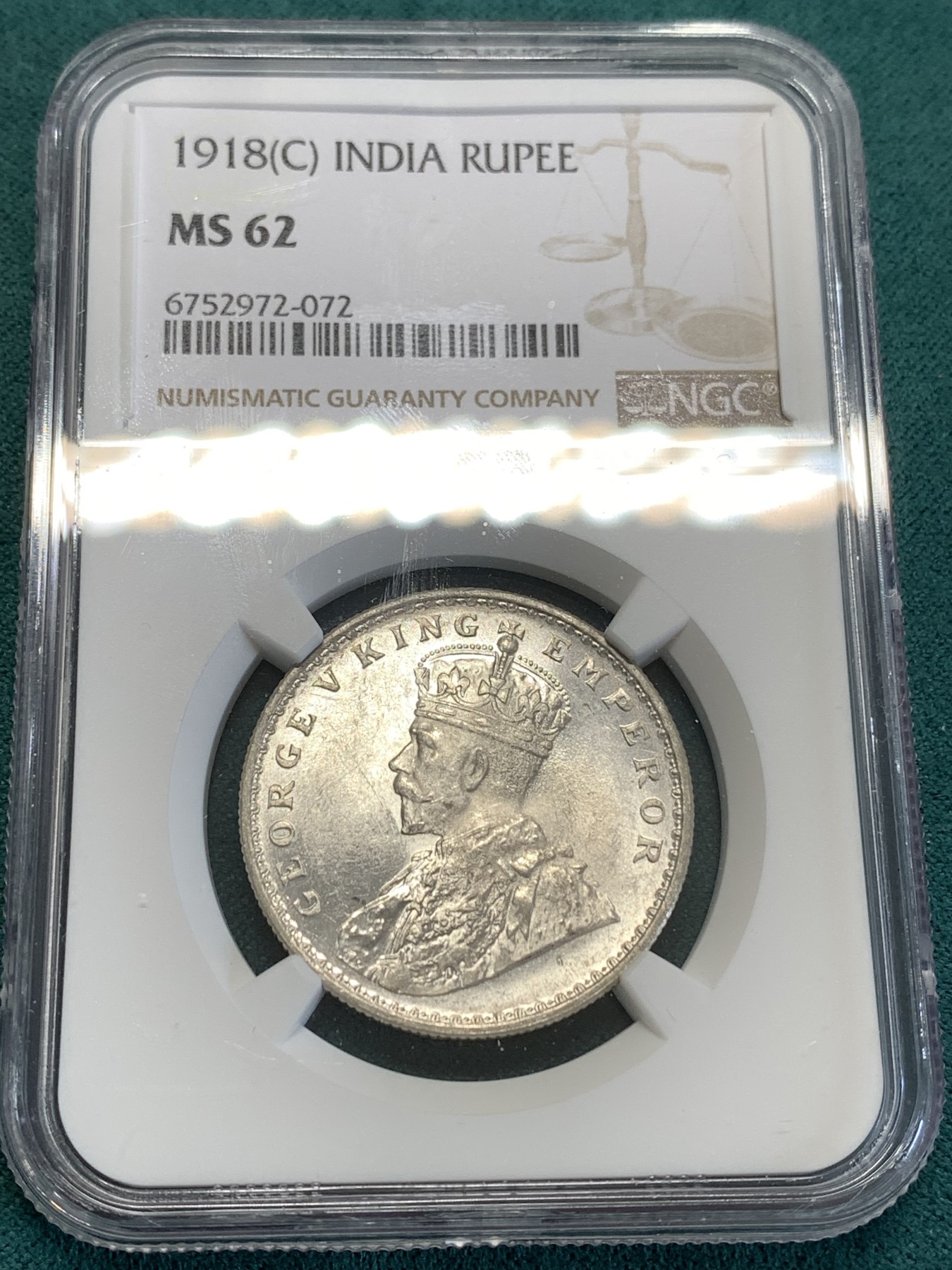 《竞宝斋》第188场-周日，周一 2场 (全场包邮) NGC MS62 印度乔五1918C 1卢比银币
