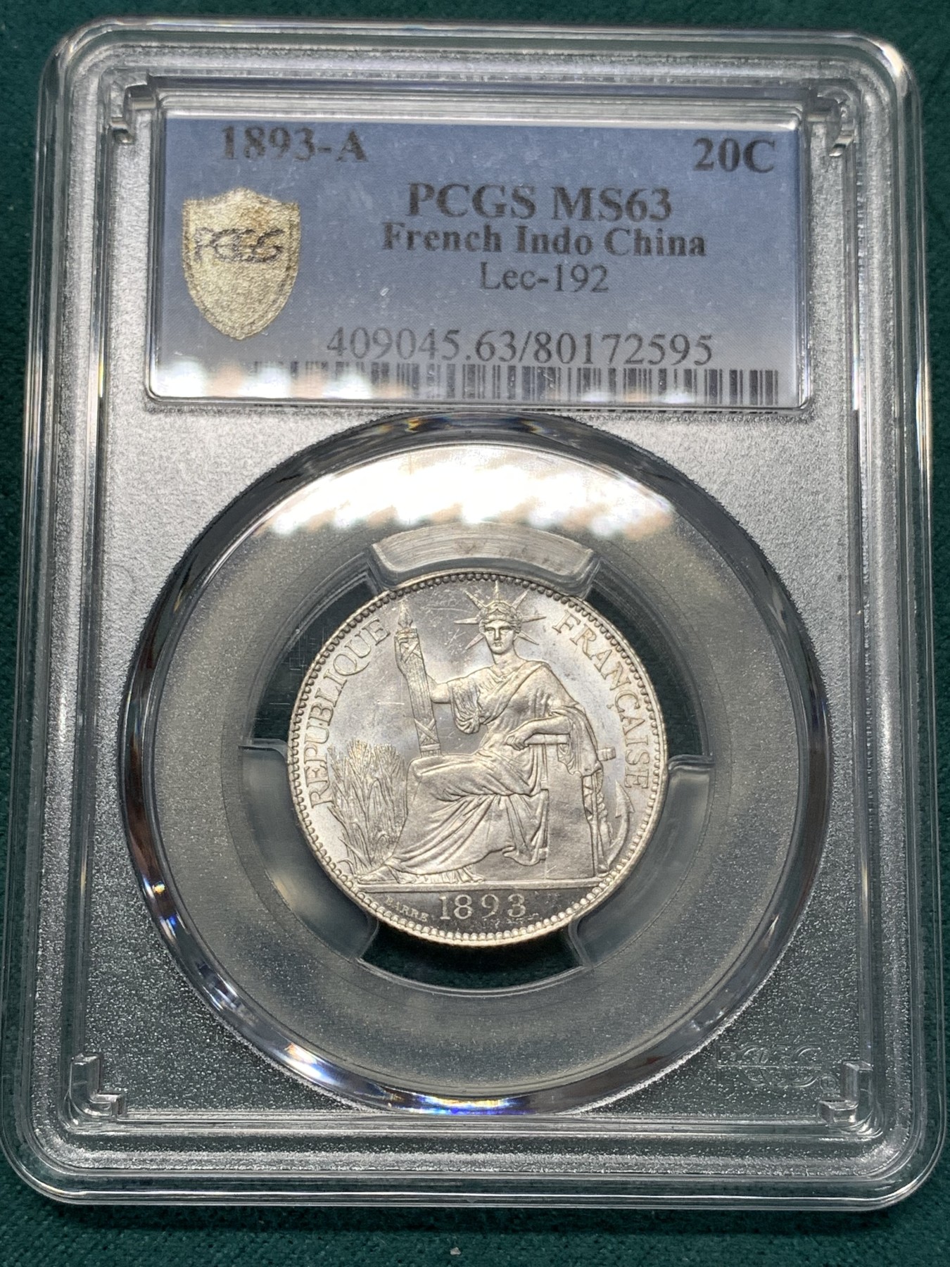 《竞宝斋》第188场-周日，周一 2场 (全场包邮) PCGS MS63 法属印支1893年20分银币 难得 早期 高分 辅币