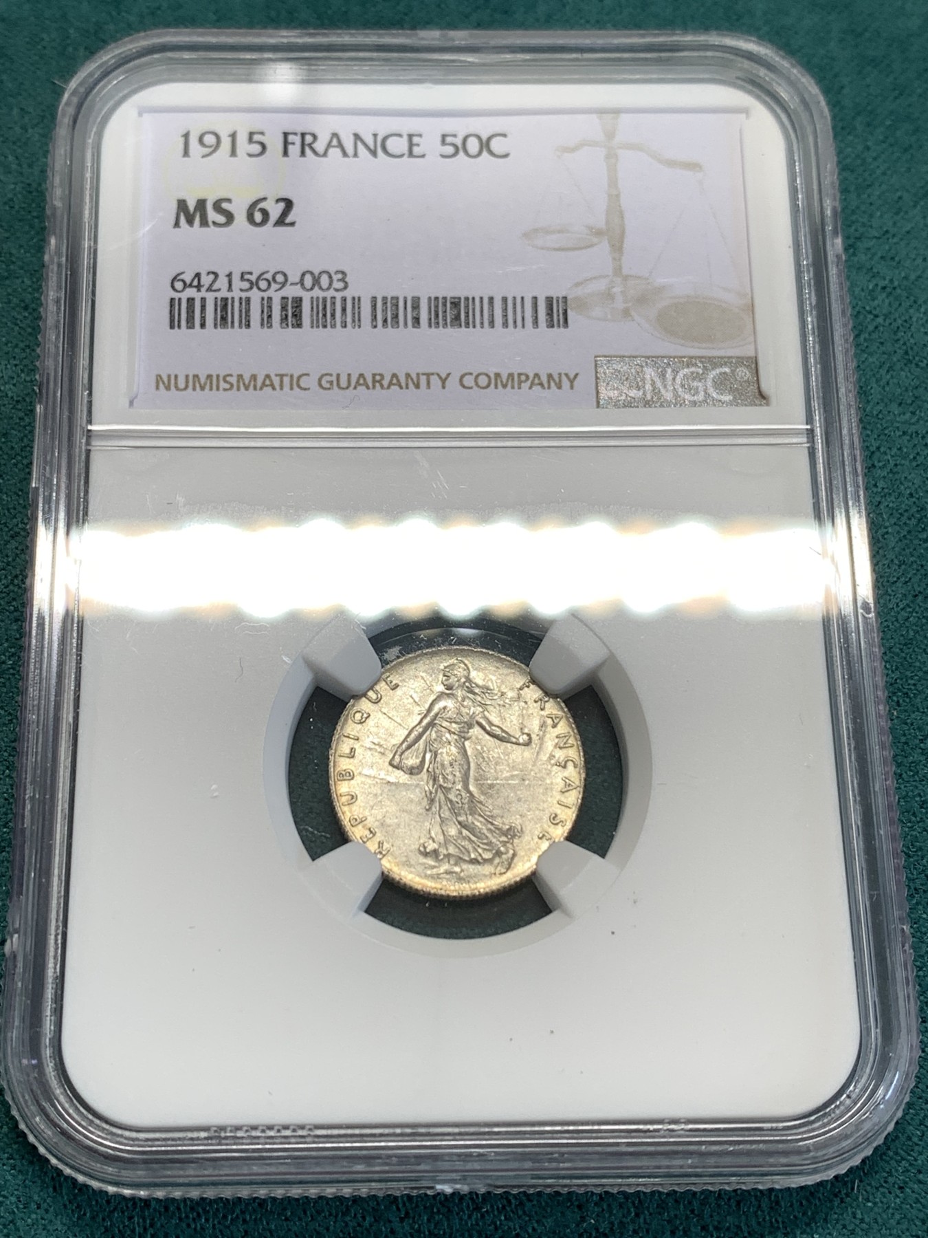 《竞宝斋》第188场-周日，周一 2场 (全场包邮) NGC-MS62 法国1915年播种女神50分银币 章牌大师罗蒂设计 经典的行走女神
