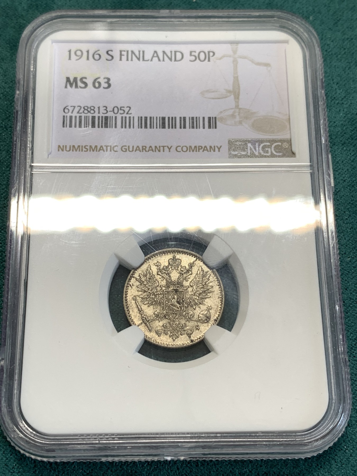 《竞宝斋》第188场-周日，周一 2场 (全场包邮) NGC MS63 俄占芬兰1916年 50芬尼银币