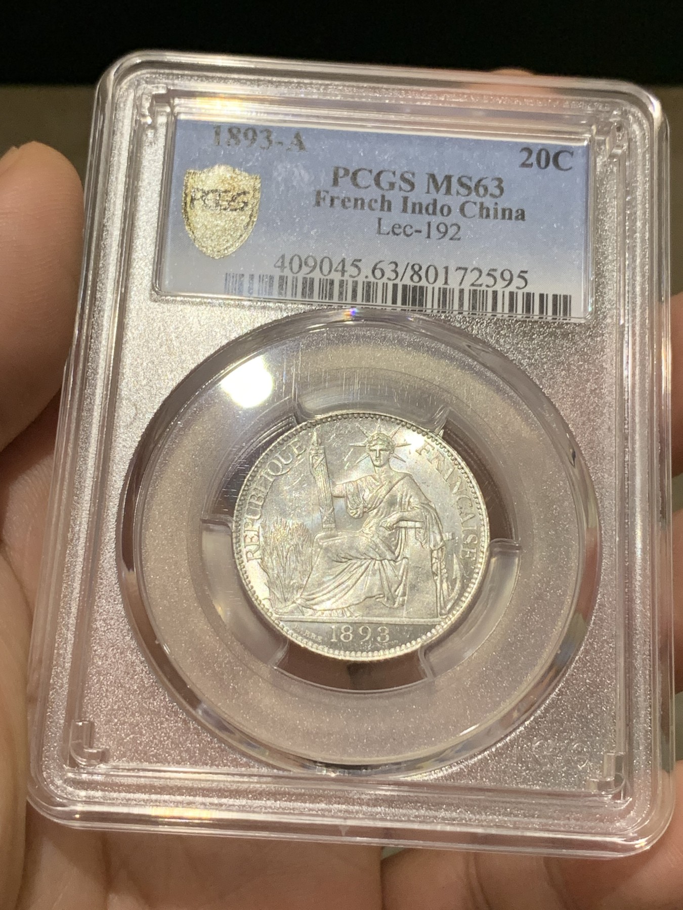 《竞宝斋》第188场-周日，周一 2场 (全场包邮) PCGS MS63 法属印支1893年20分银币 难得 早期 高分 辅币