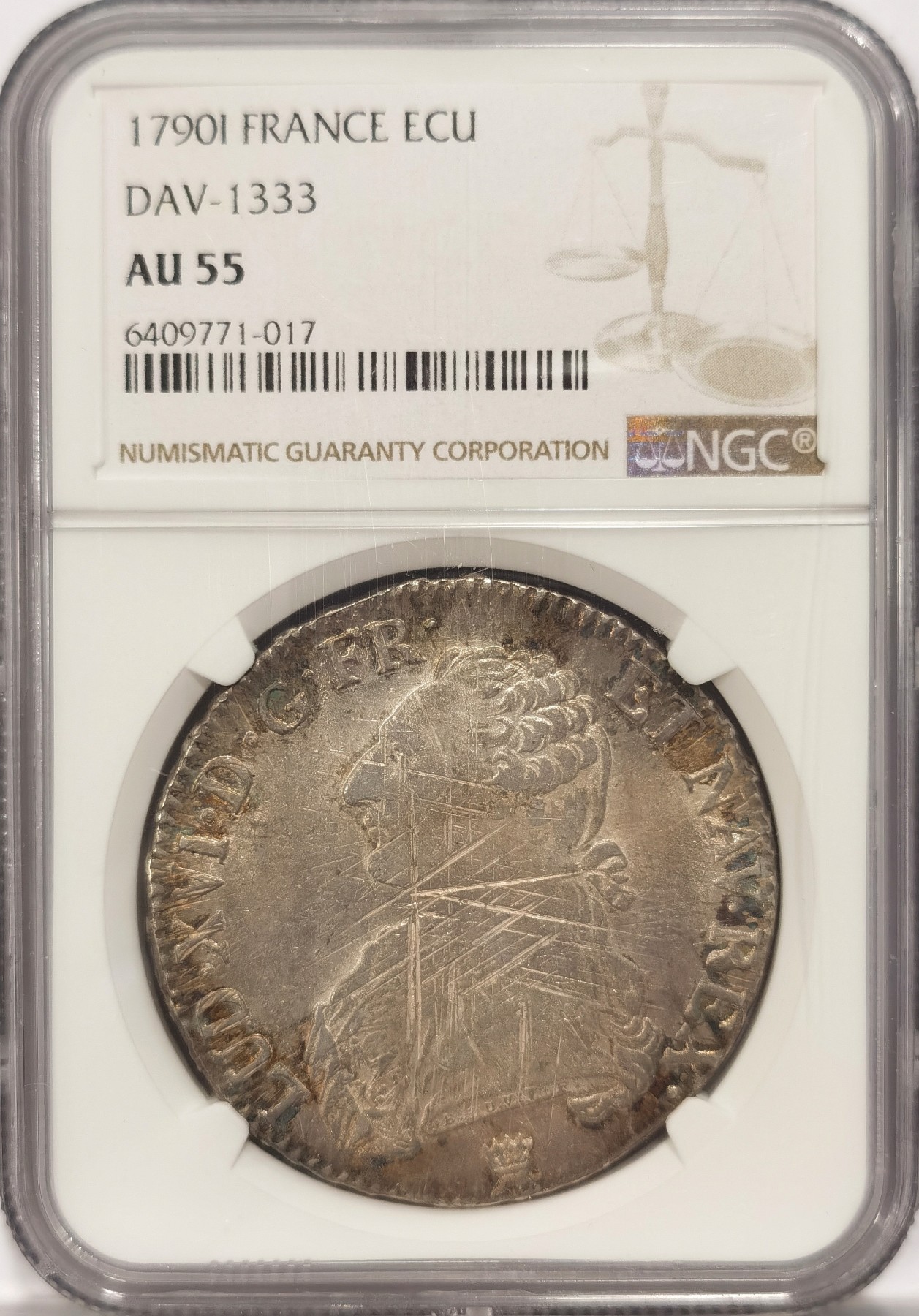 博洋堂世界钱币拍卖第038期（全场包邮） NGC AU55 1790I法国路易十六世1埃居银币，正反面为减重痕，路易十六世在法国大革命时期被处死，享年38岁。在位时间不长，传世精品有限