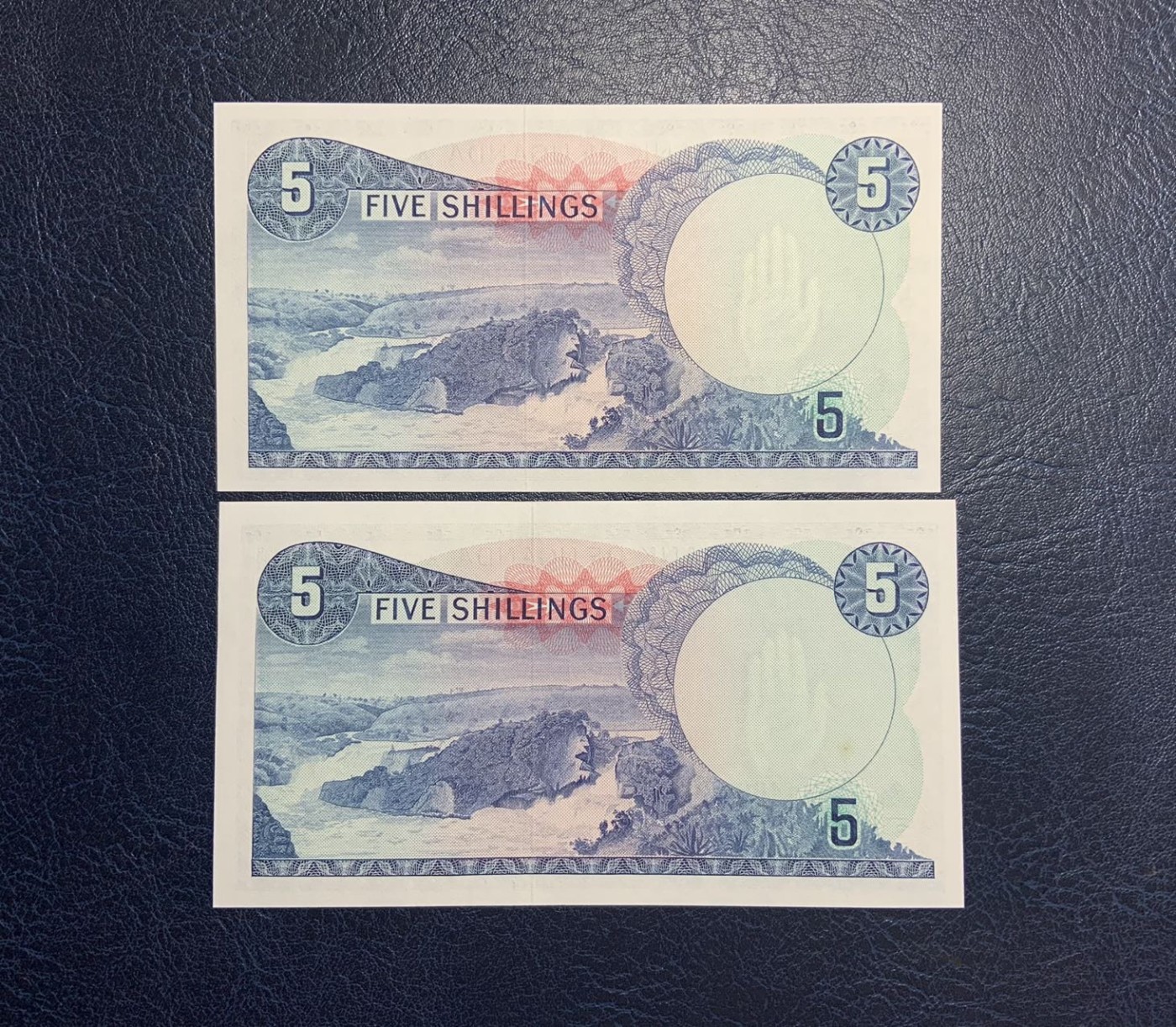 收藏联盟Quantum Auction 第280期拍卖  乌干达1966年5先令2张 品相UNC 该国首枚纸币 PICK1a 裁切原因两张大小相差1mm并且其中一张水印处有一个杂质黄点，另一张边缘微瑕