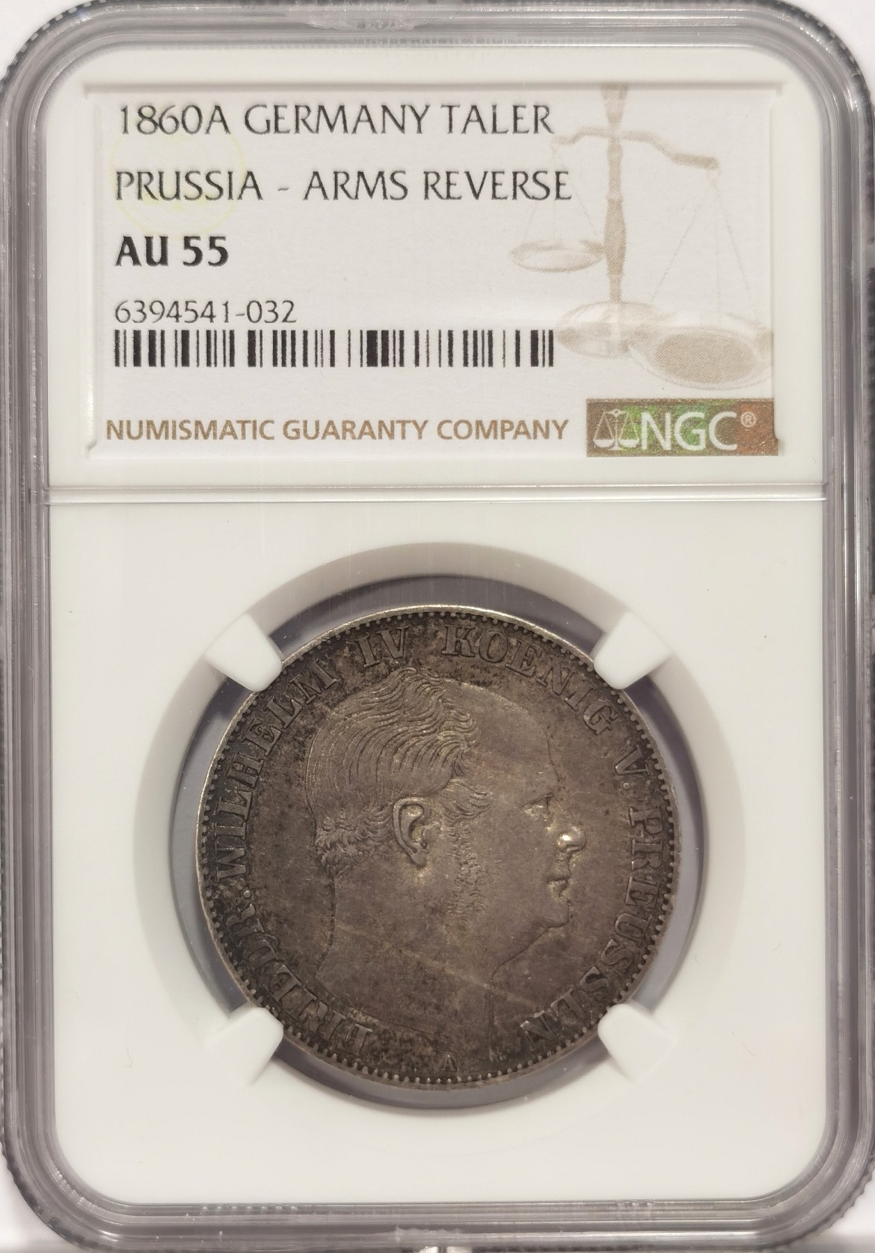 博洋堂世界钱币拍卖第038期（全场包邮） NGC AU55 1860A德国普鲁士威廉四世1泰勒银币