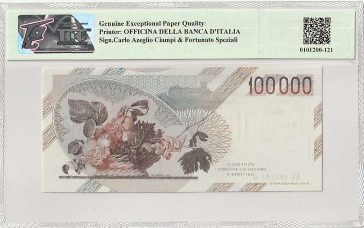 收藏联盟Quantum Auction 第280期拍卖  意大利1983年100000里拉 TQG66 绝品 拉瓦乔名画《占卜者》和《一蓝水果》 背面为三色凹印