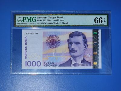港、澳、台、中外钞、流水签、机签、箱包单、靓号专场第23期 - 挪威2004年1000克朗 纸钞 画家爱德华蒙克 豹子号 1203674888 PMG66分一张/如图
