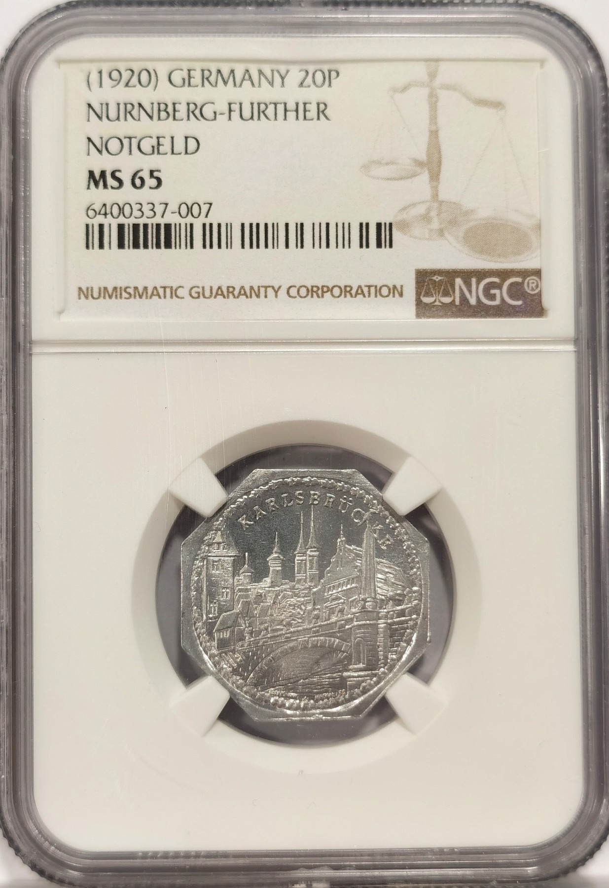 博洋堂世界钱币拍卖第038期（全场包邮） NGC MS65 德紧纽伦堡20芬尼查理大桥景观八角币